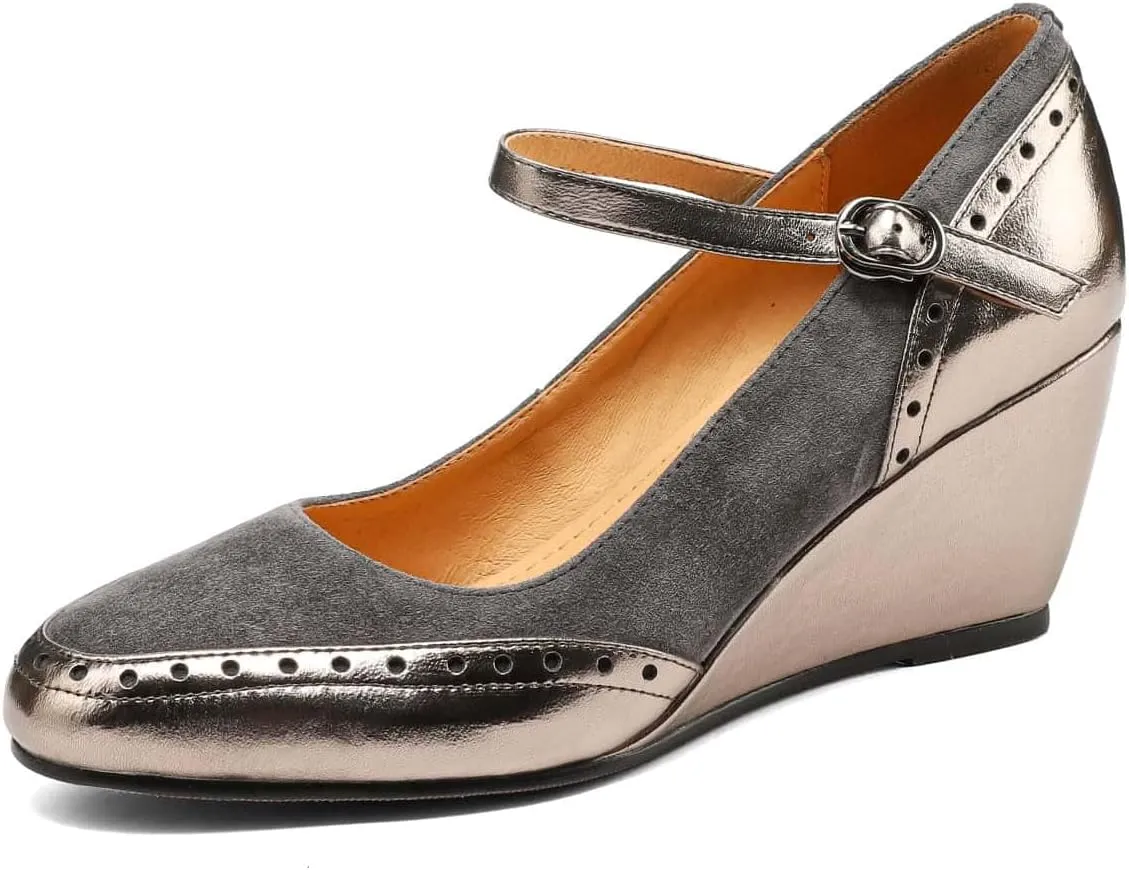 TinaCus Handmade Women's Suede Leather Oxford Round Toe Buckle Wedge Heel Mary Jane Shoes