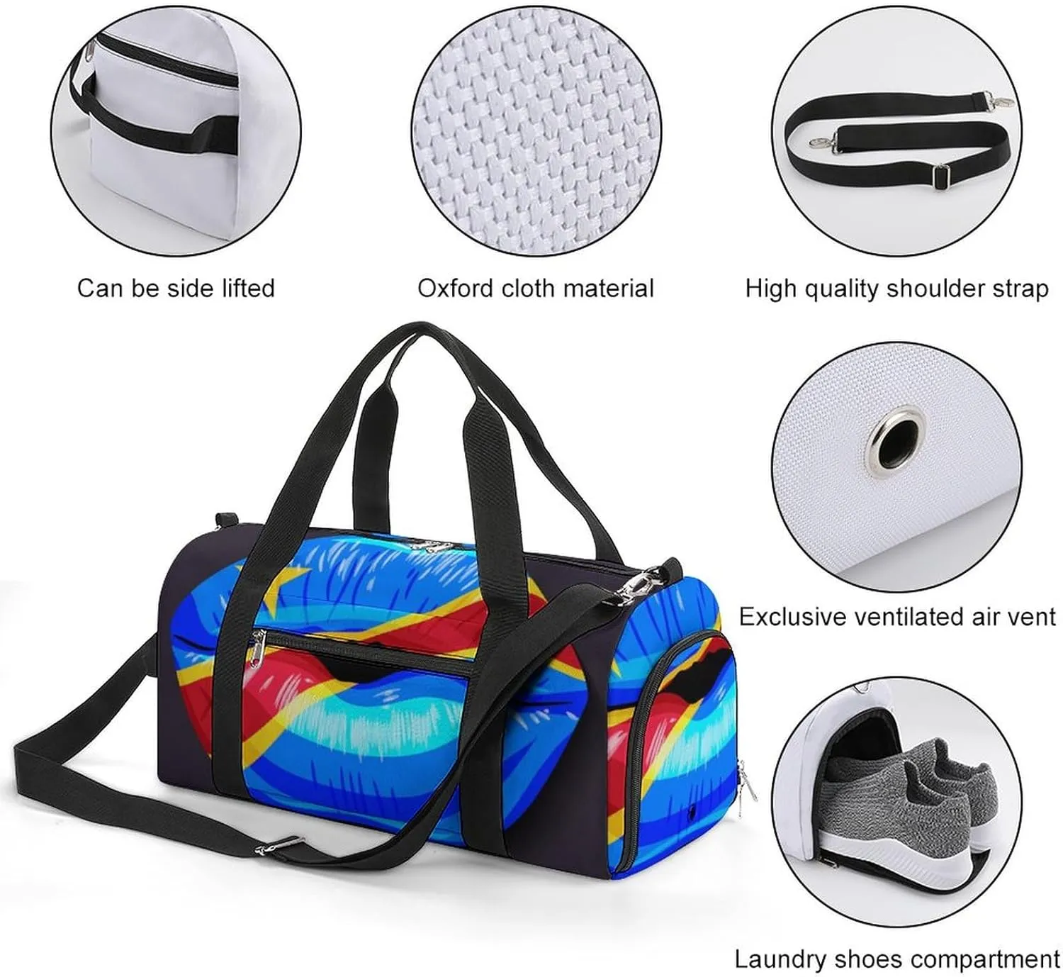 Travel Duffel Bag with Congo Flag Lips for Women and Men Shoe Compartment and Wet Pocket