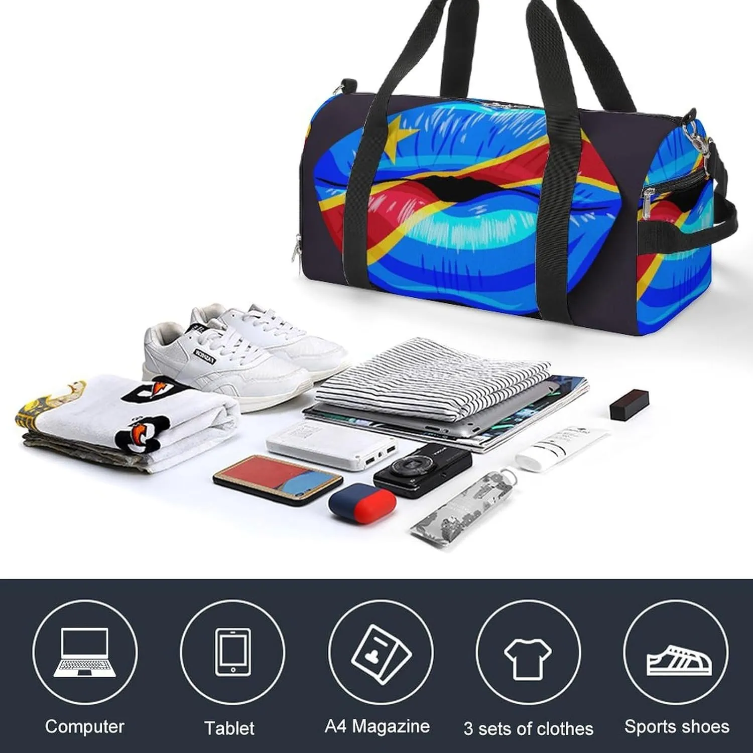 Travel Duffel Bag with Congo Flag Lips for Women and Men Shoe Compartment and Wet Pocket