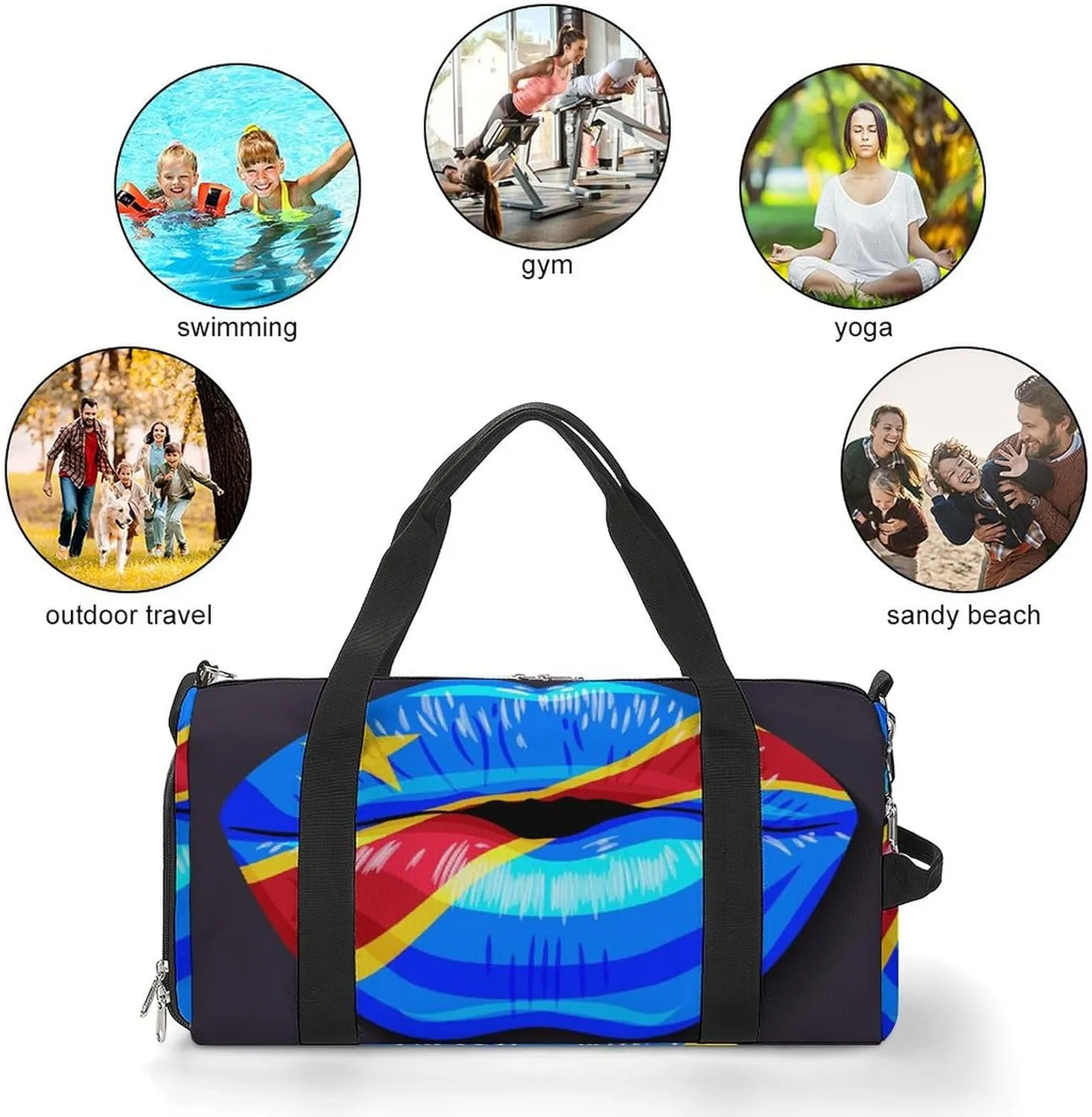 Travel Duffel Bag with Congo Flag Lips for Women and Men Shoe Compartment and Wet Pocket