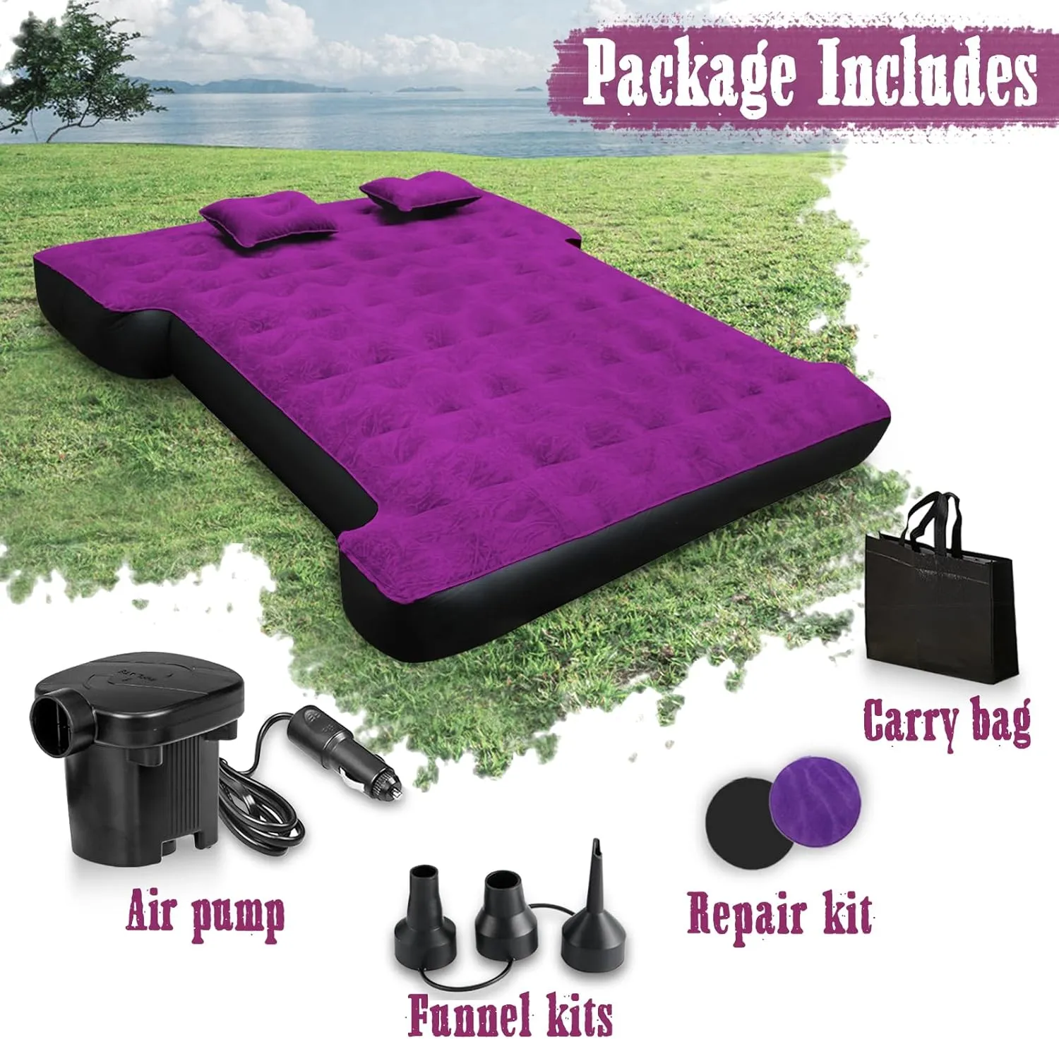 Truck Bed Air Mattress, Full Size Truck Beds, Inflatable Air Mattress Bed with Air Pump 2 Pillows, Carry Bag, Pickup Bed Air Mattress for Chevrolet Silverado, Dodge Ram, Ford, Purple