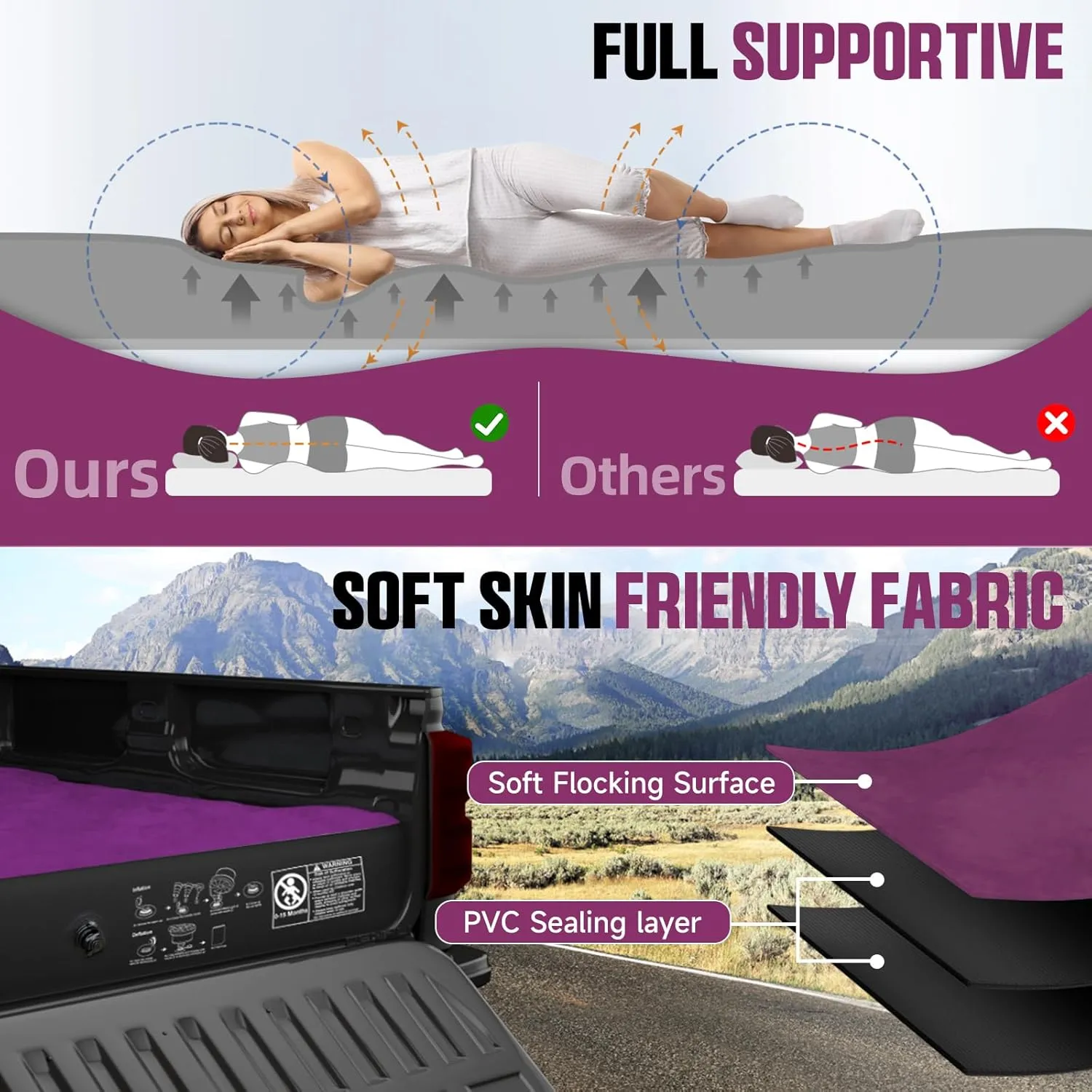 Truck Bed Air Mattress, Full Size Truck Beds, Inflatable Air Mattress Bed with Air Pump 2 Pillows, Carry Bag, Pickup Bed Air Mattress for Chevrolet Silverado, Dodge Ram, Ford, Purple
