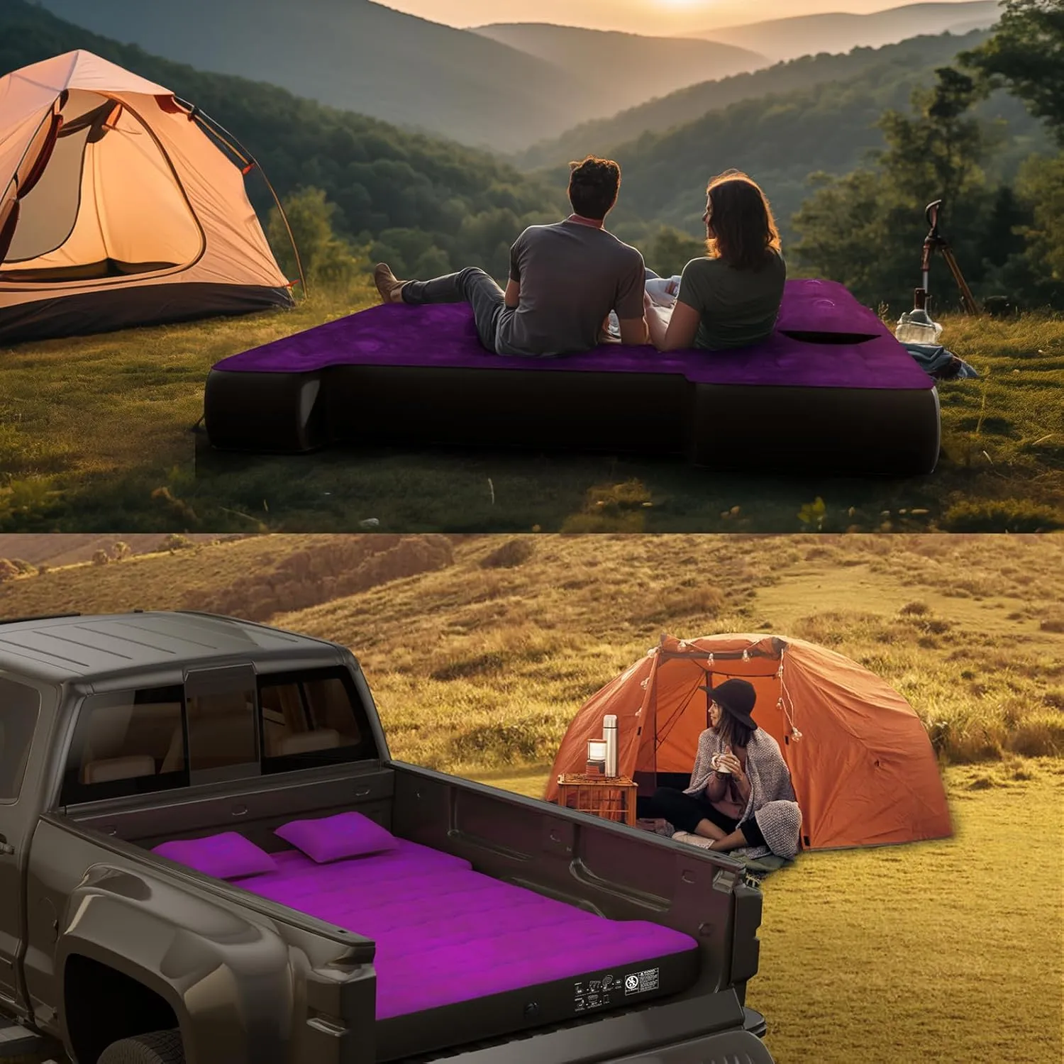 Truck Bed Air Mattress, Full Size Truck Beds, Inflatable Air Mattress Bed with Air Pump 2 Pillows, Carry Bag, Pickup Bed Air Mattress for Chevrolet Silverado, Dodge Ram, Ford, Purple