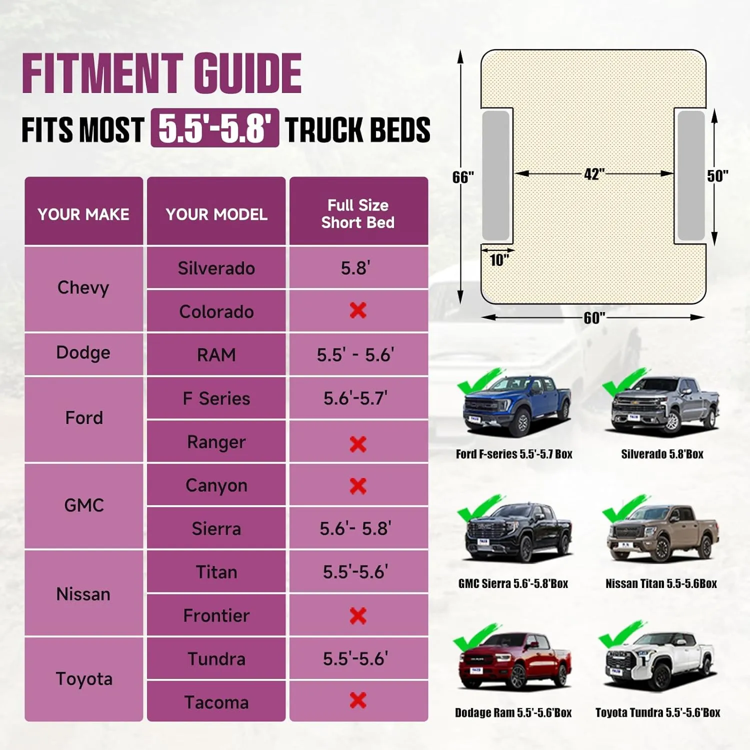 Truck Bed Air Mattress, Full Size Truck Beds, Inflatable Air Mattress Bed with Air Pump 2 Pillows, Carry Bag, Pickup Bed Air Mattress for Chevrolet Silverado, Dodge Ram, Ford, Purple