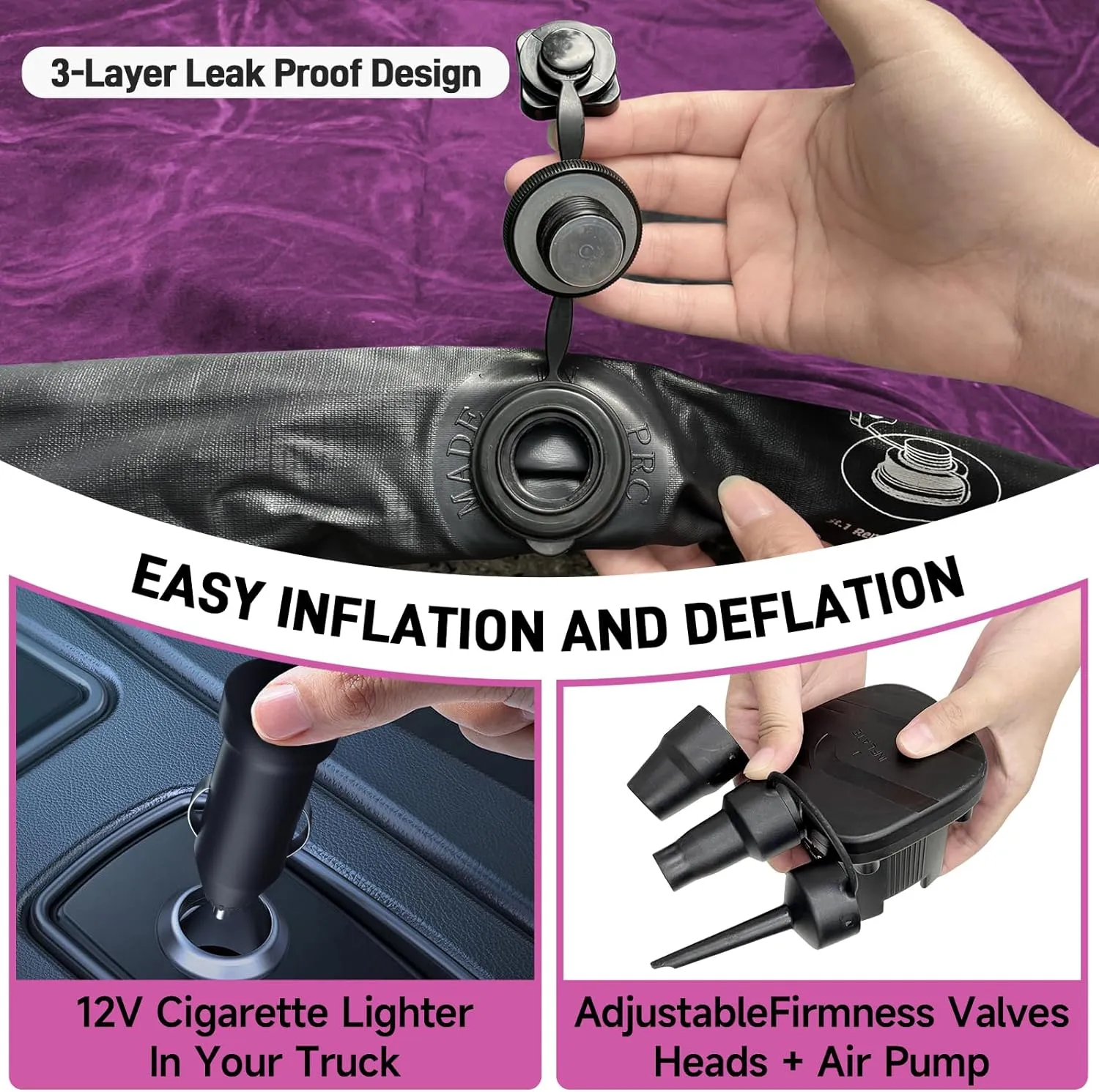 Truck Bed Air Mattress, Full Size Truck Beds, Inflatable Air Mattress Bed with Air Pump 2 Pillows, Carry Bag, Pickup Bed Air Mattress for Chevrolet Silverado, Dodge Ram, Ford, Purple