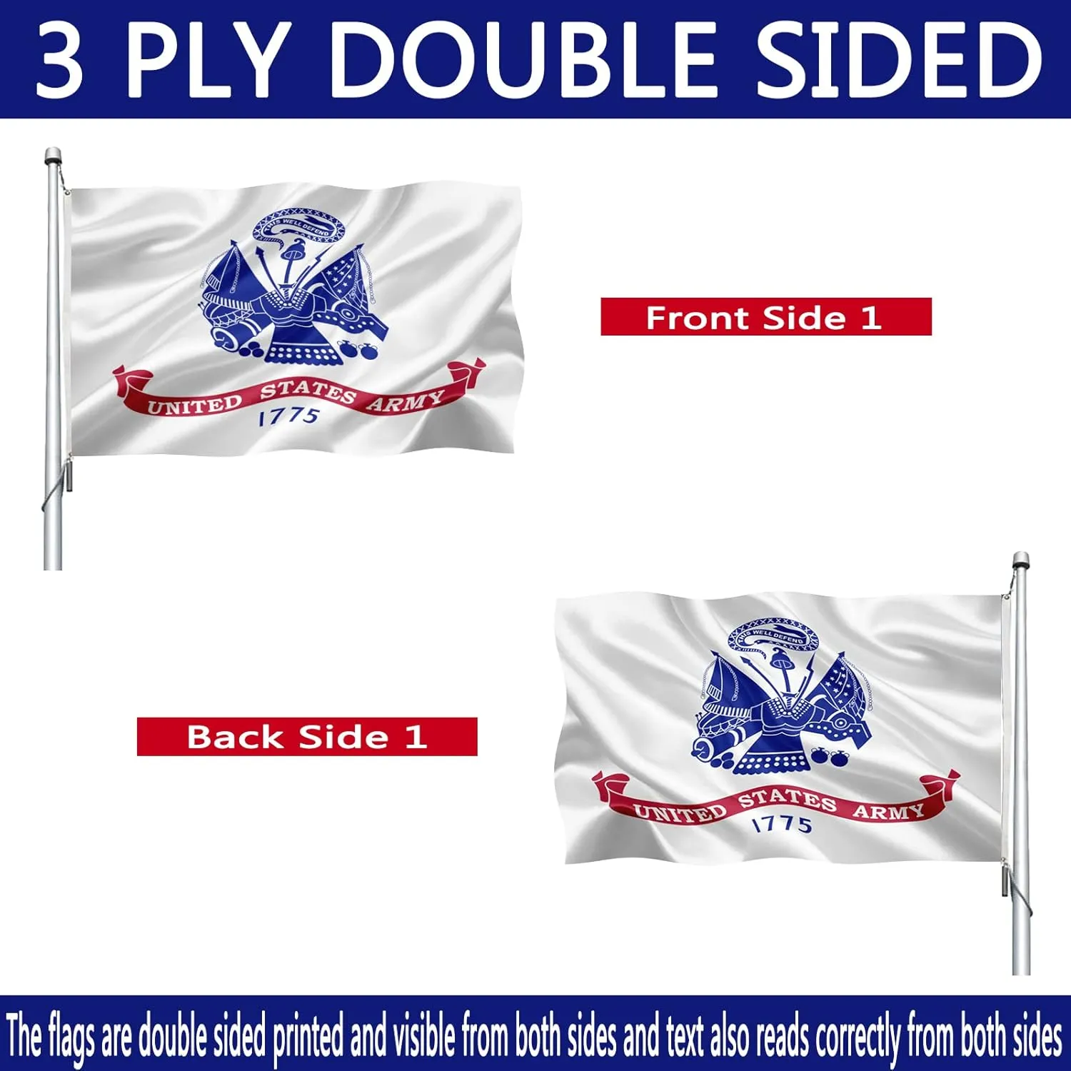 US Army Flag 3x5 Outdoor Double Sided- Heavy Duty United States Army Military Flags -American White 1775 Army Flags Banner with 2 Brass Grommets 4 Rows Stitched