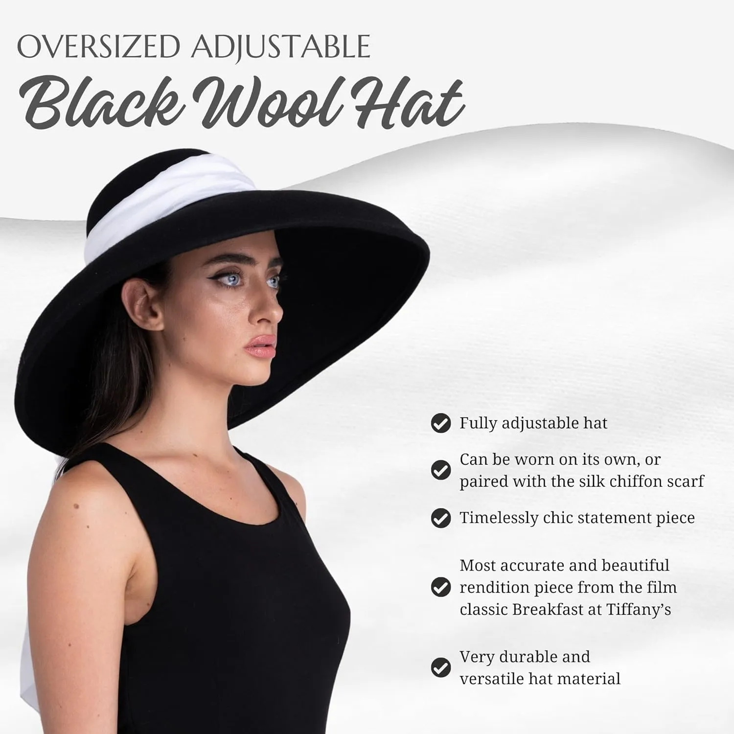 Utopiat High-End Audrey Style Oversized Adjustable Black Wool Hat with 100% Silk Scarf Inspired by Breakfast at Tiffanys