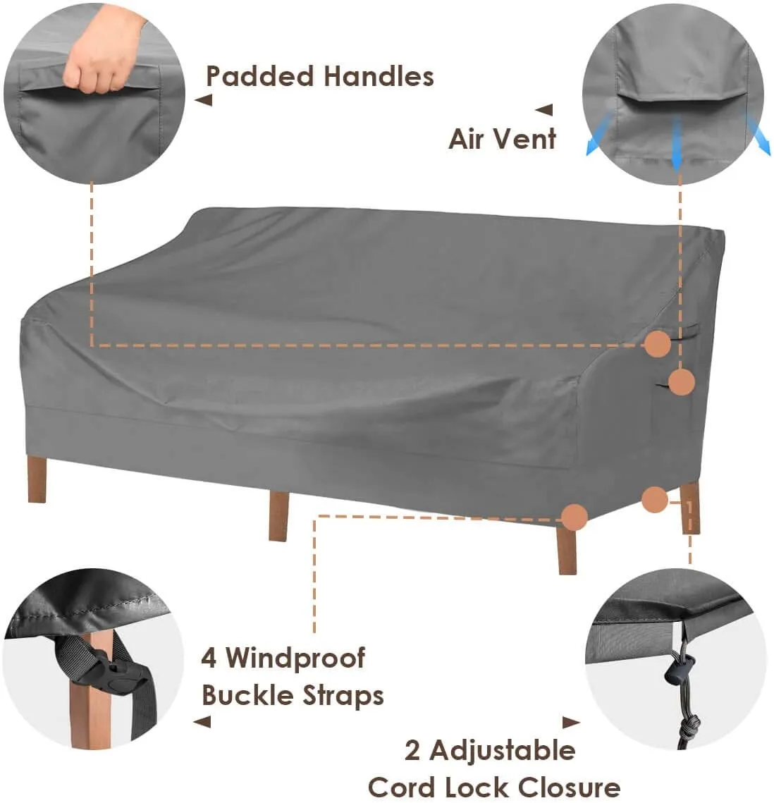 Vailge Heavy Duty Patio Sofa Cover, 100% Waterproof 3-Seater Outdoor Sofa Cover,Lawn Patio Furniture Covers with Air Vent and Handle,79" Wx 37" Dx 35" H,Grey