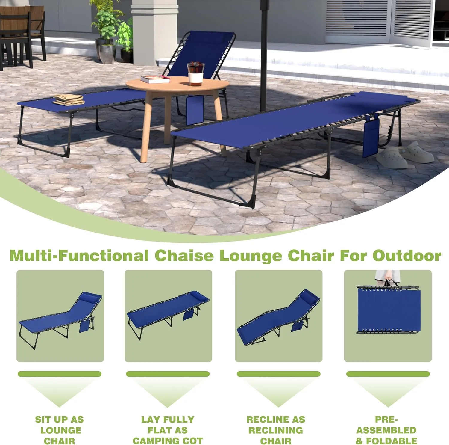 VEIKOU Chaise Lounge Chair 5-Position for Outside, Upgraded Adjustable Sun Lounger, Folding Outdoor Lounge Chairs for Lawn Patio Pool Beach Sunbath, Blue Lounge Chair