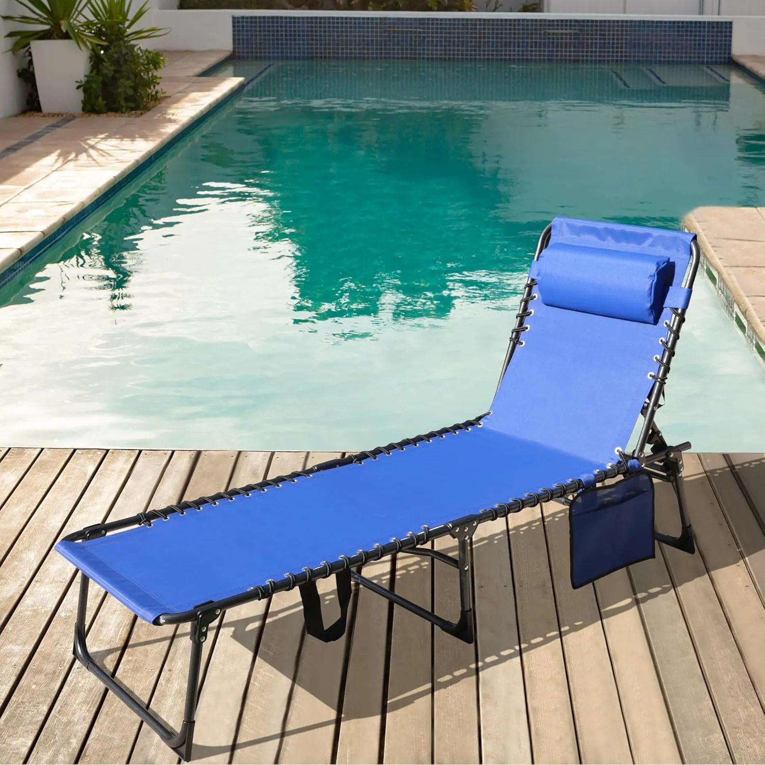 VEIKOU Chaise Lounge Chair 5-Position for Outside, Upgraded Adjustable Sun Lounger, Folding Outdoor Lounge Chairs for Lawn Patio Pool Beach Sunbath, Blue Lounge Chair