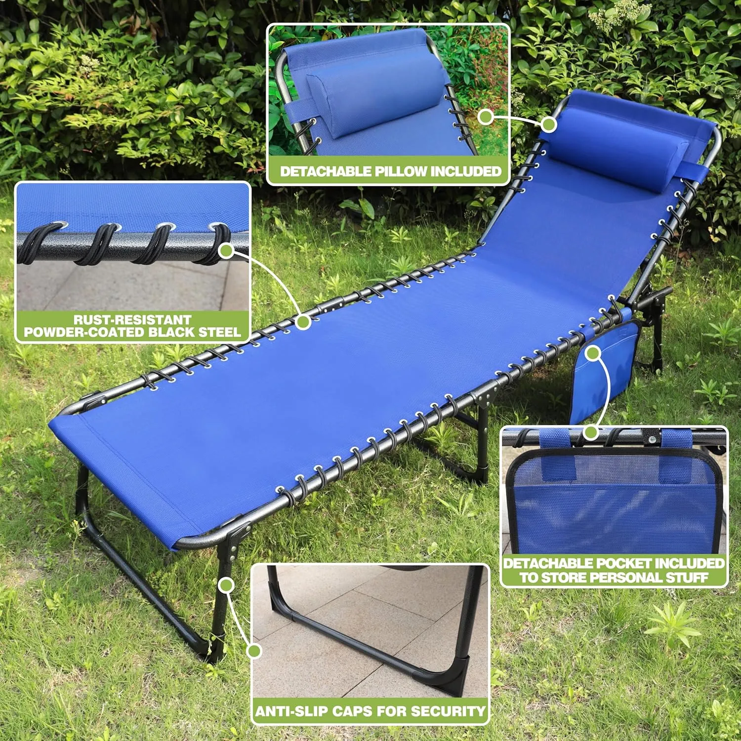 VEIKOU Chaise Lounge Chair 5-Position for Outside, Upgraded Adjustable Sun Lounger, Folding Outdoor Lounge Chairs for Lawn Patio Pool Beach Sunbath, Blue Lounge Chair