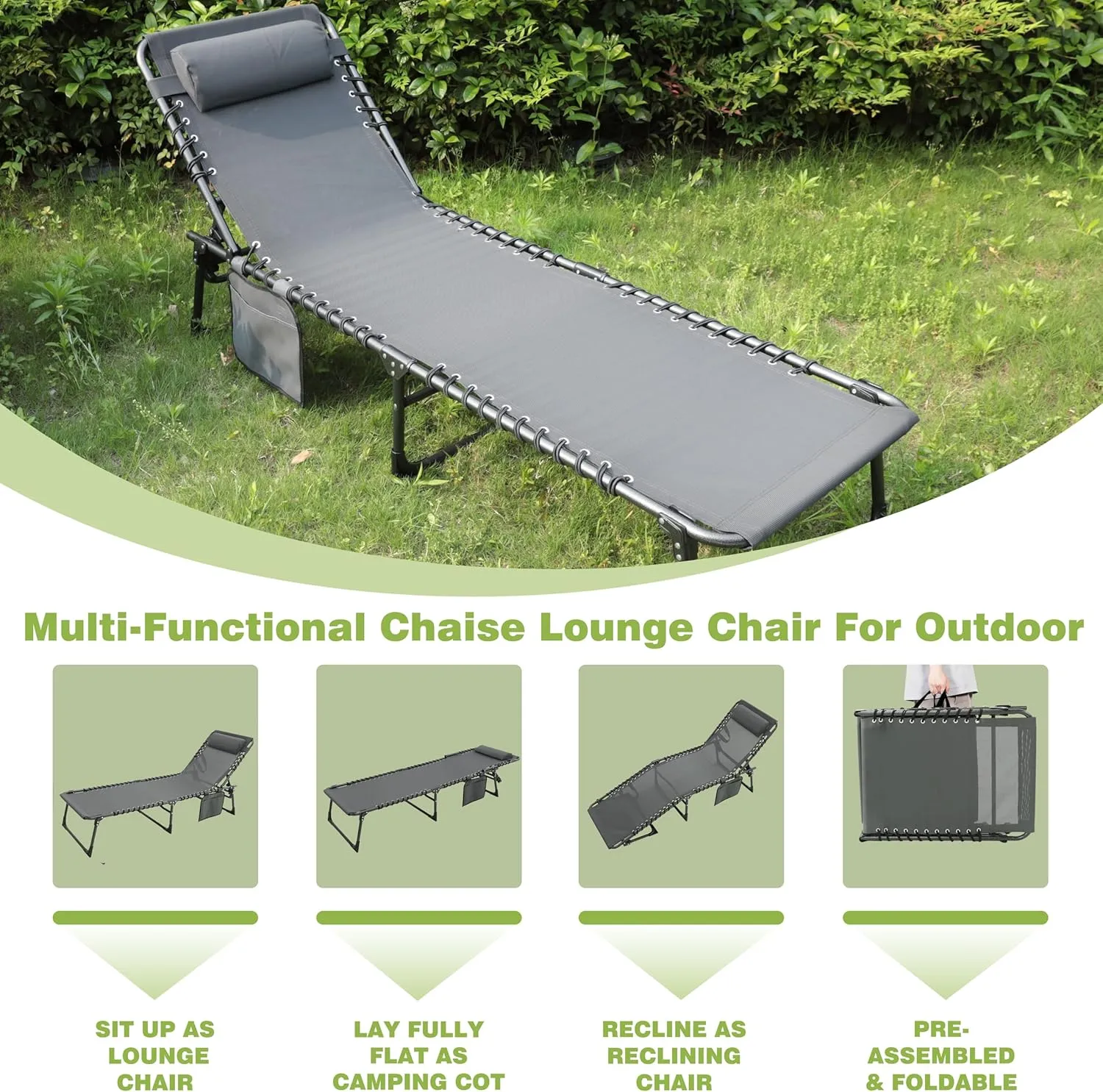 VEIKOU Chaise Lounge Chair 5-Position for Outside, Upgraded Adjustable Sun Lounger, Folding Outdoor Lounge Chairs for Lawn Patio Pool Beach Sunbath, Deep Grey