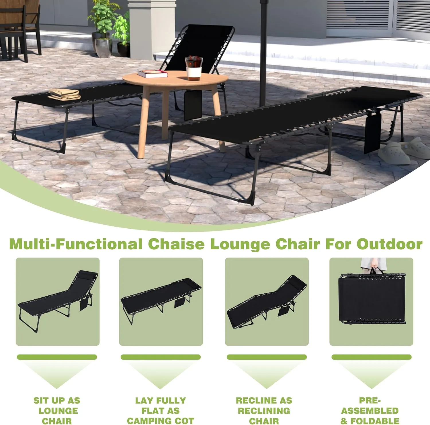 VEIKOU Lounge Chairs for Outside, 5-Position Poolside Lounge Chairs, Upgrade Lay Flat Lounge Chair, Beach Lounge Chair for Lawn Patio Sunbath, Black