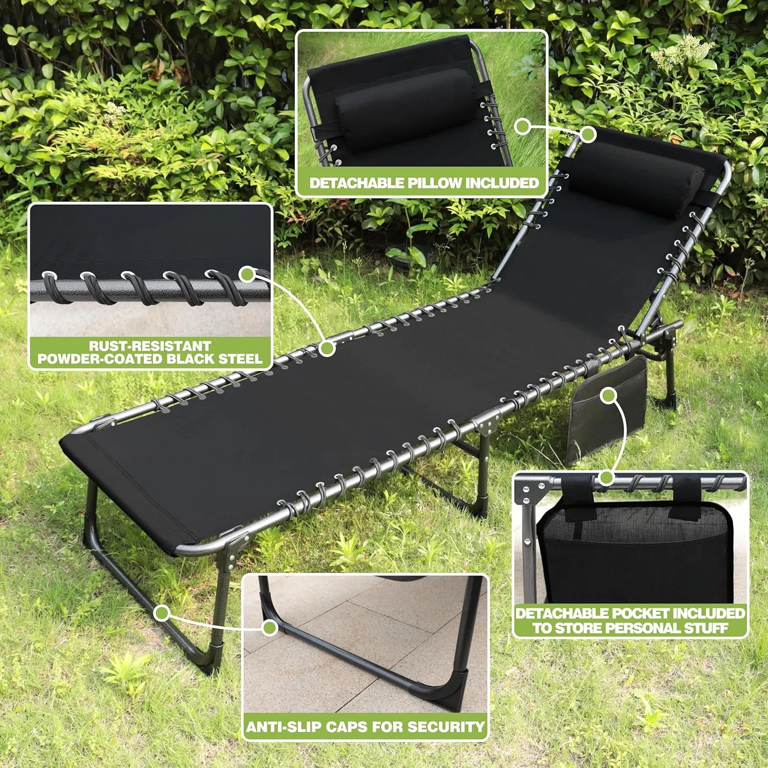 VEIKOU Lounge Chairs for Outside, 5-Position Poolside Lounge Chairs, Upgrade Lay Flat Lounge Chair, Beach Lounge Chair for Lawn Patio Sunbath, Black