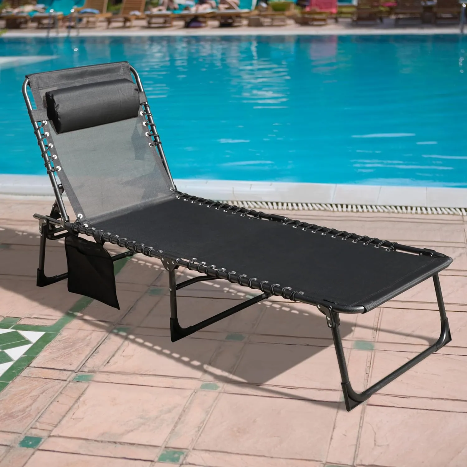 VEIKOU Lounge Chairs for Outside, 5-Position Poolside Lounge Chairs, Upgrade Lay Flat Lounge Chair, Beach Lounge Chair for Lawn Patio Sunbath, Black
