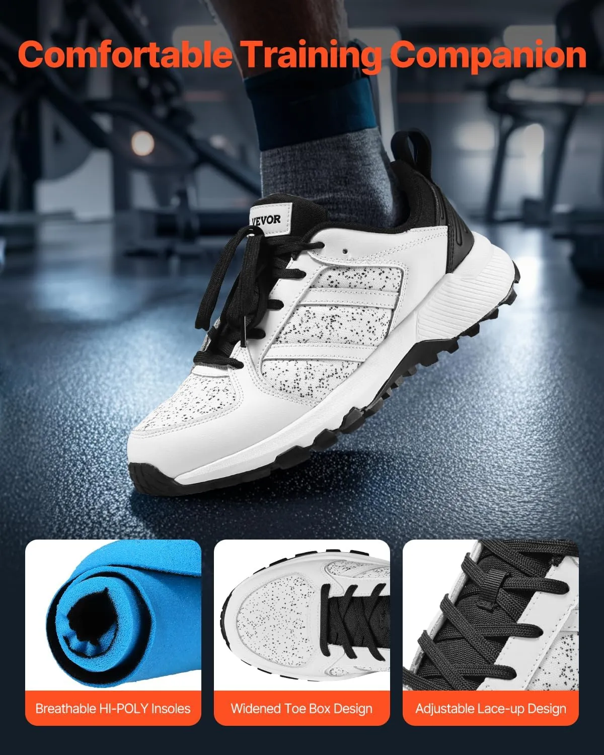 VEVOR Women's Cross W Width Sneakers US Size 13, Wide Toe Box Arch Support & Adjustable Lace-up, Training Shoes for Running, Gymnastics, Dog Walking, and Weightlifting (Black)