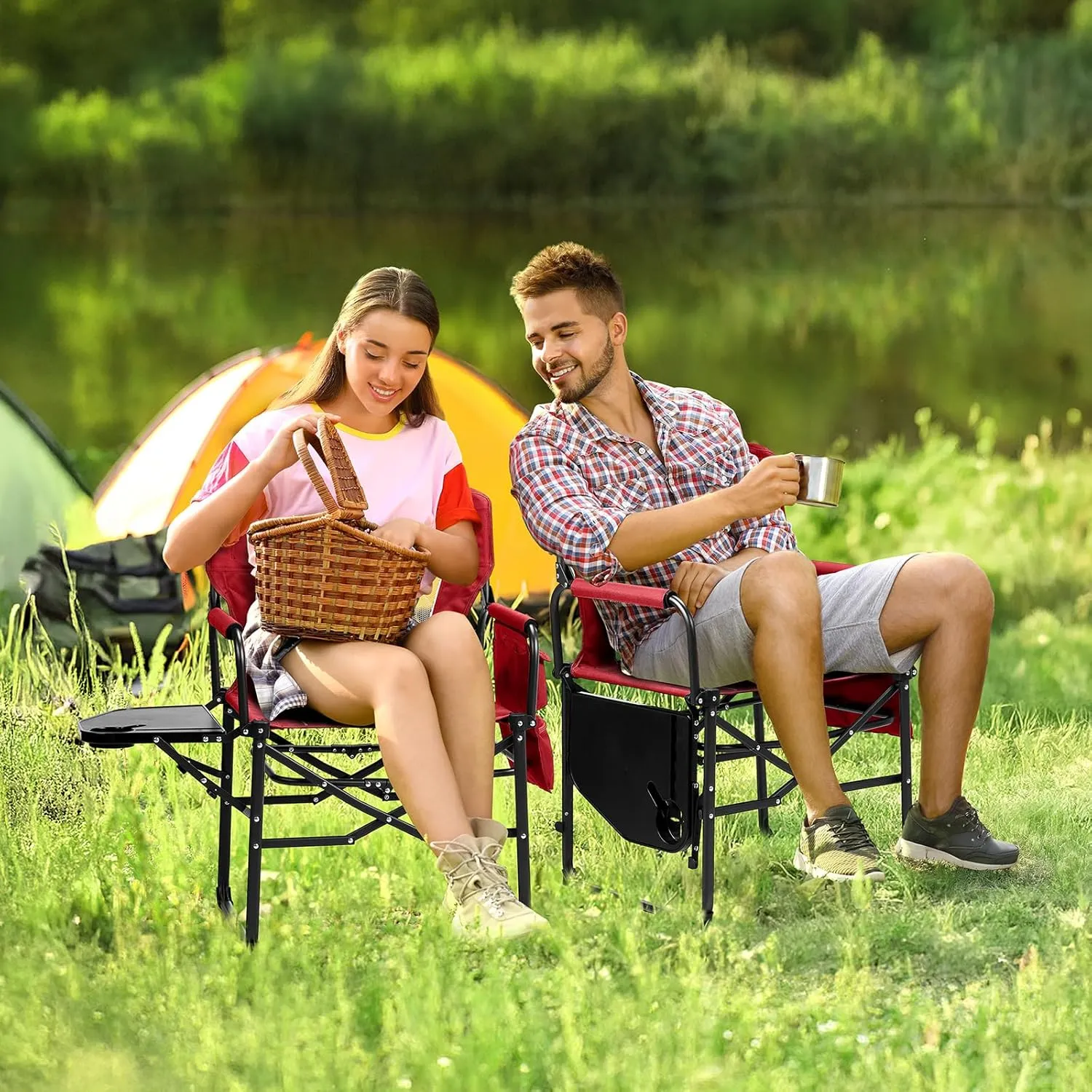 VINGLI Camping Chairs, Directors Chair, Camping Chair with Side Table & Carry Bag，Heavy Duty Camping Chairs for Adults, Portable Folding Camping Chair, Pocket for Beach, Fishing,Trip,Picnic,Lawn-Red