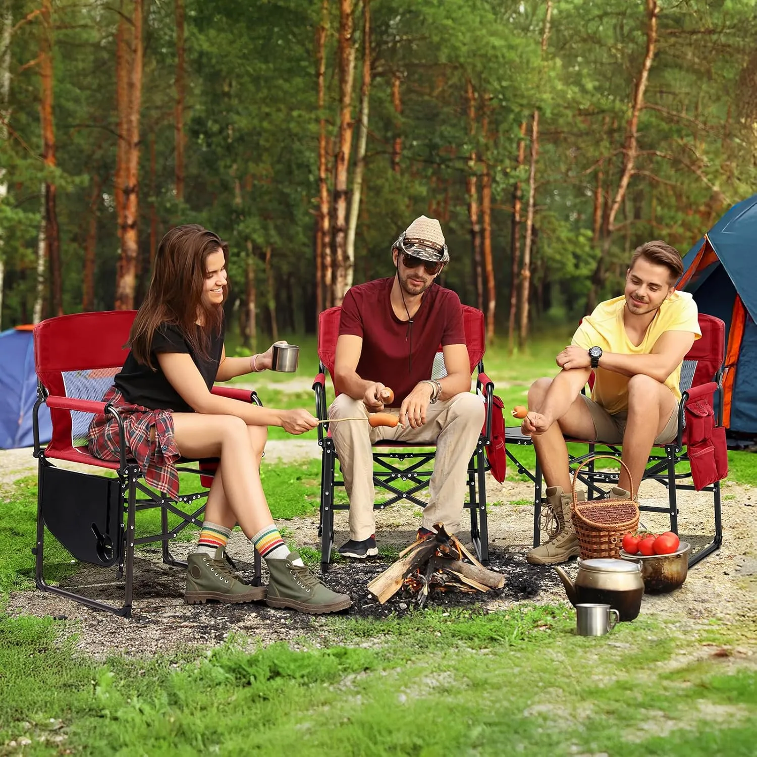 VINGLI Camping Chairs, Directors Chair, Camping Chair with Side Table & Carry Bag，Heavy Duty Camping Chairs for Adults, Portable Folding Camping Chair, Pocket for Beach, Fishing,Trip,Picnic,Lawn-Red