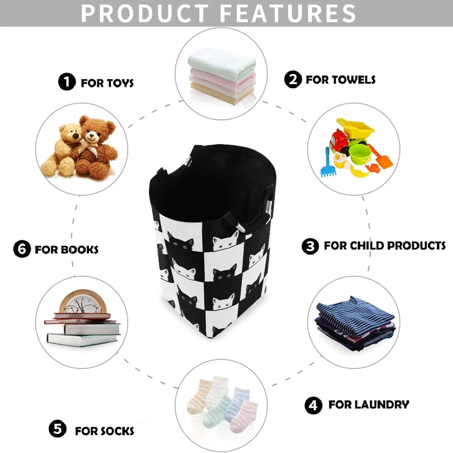 visesunny Black White Cat in The Grid Animal Large Laundry Hamper with Handle Foldable Durable Clothes Hamper Laundry Bag Toy Bin for Bathroom, Bedroom, Dorm, Travel