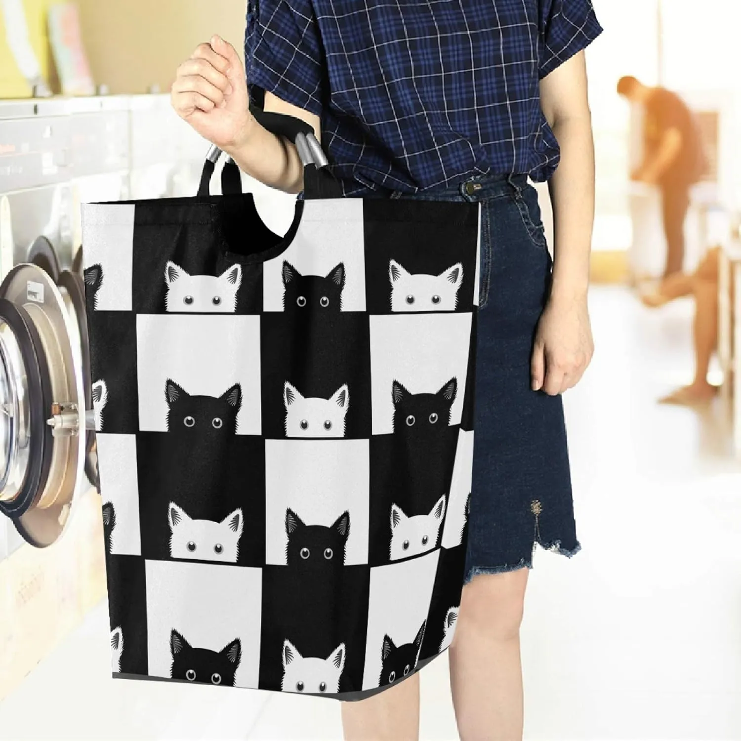 visesunny Black White Cat in The Grid Animal Large Laundry Hamper with Handle Foldable Durable Clothes Hamper Laundry Bag Toy Bin for Bathroom, Bedroom, Dorm, Travel