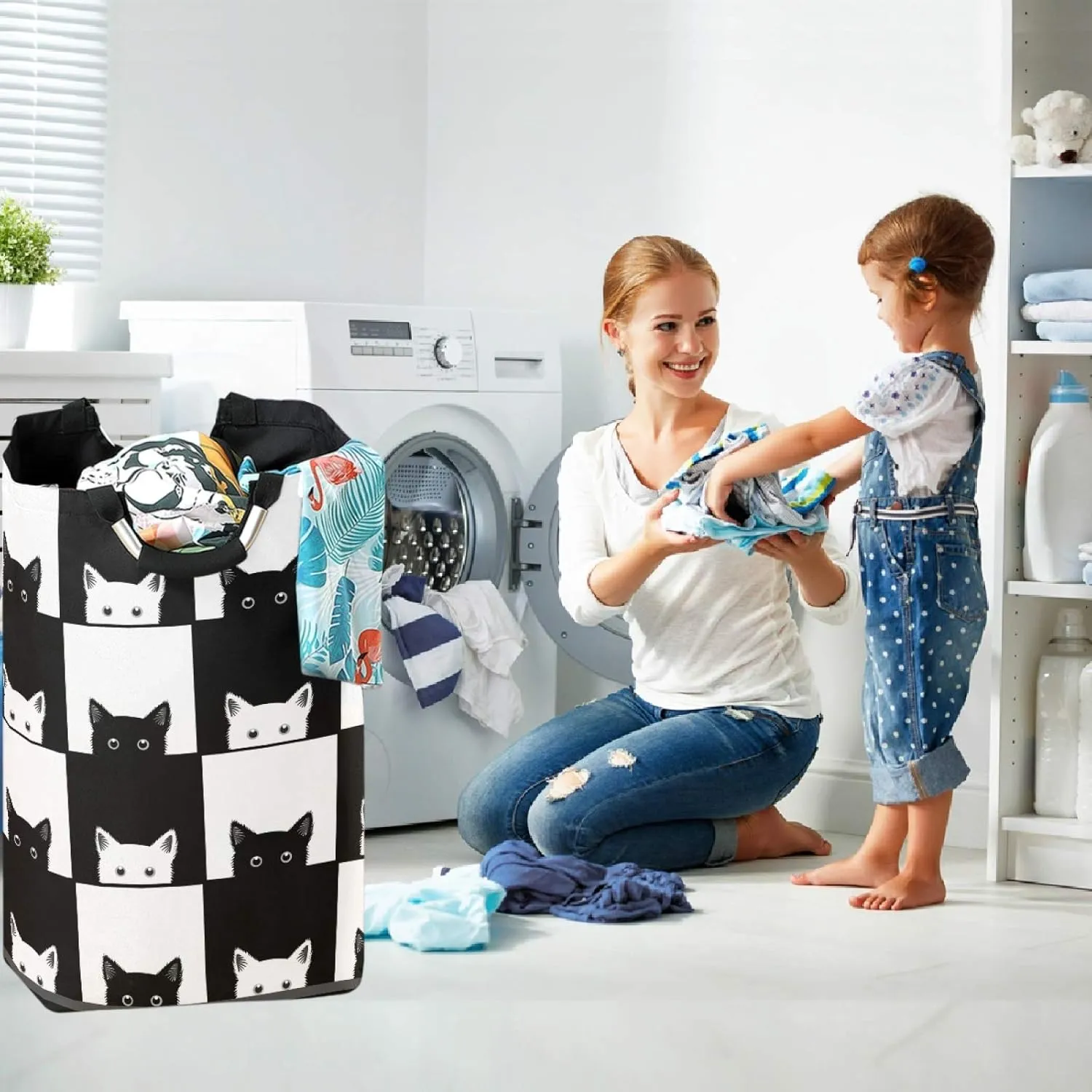 visesunny Black White Cat in The Grid Animal Large Laundry Hamper with Handle Foldable Durable Clothes Hamper Laundry Bag Toy Bin for Bathroom, Bedroom, Dorm, Travel