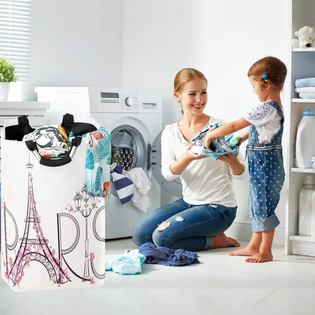 visesunny Tower Eiffel with Paris Lettering Large Laundry Hamper with Handle Foldable Durable Clothes Hamper Laundry Bag Toy Bin for Bathroom, Bedroom, Dorm, Travel