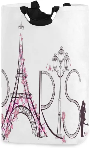 visesunny Tower Eiffel with Paris Lettering Large Laundry Hamper with Handle Foldable Durable Clothes Hamper Laundry Bag Toy Bin for Bathroom, Bedroom, Dorm, Travel