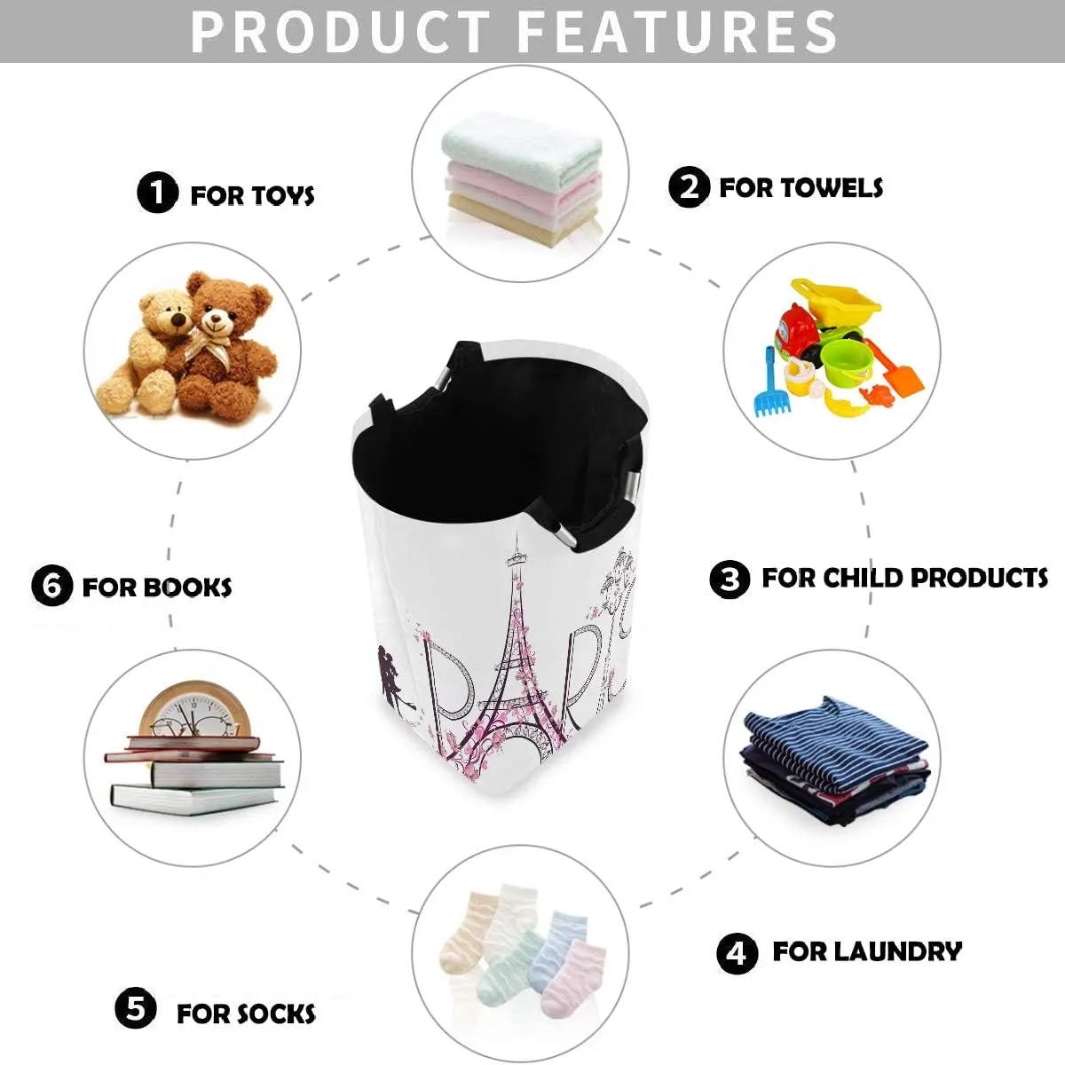 visesunny Tower Eiffel with Paris Lettering Large Laundry Hamper with Handle Foldable Durable Clothes Hamper Laundry Bag Toy Bin for Bathroom, Bedroom, Dorm, Travel