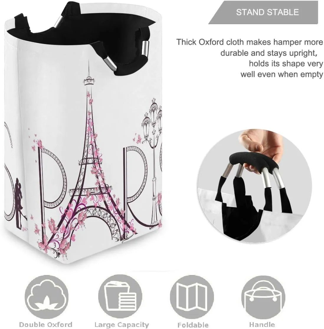 visesunny Tower Eiffel with Paris Lettering Large Laundry Hamper with Handle Foldable Durable Clothes Hamper Laundry Bag Toy Bin for Bathroom, Bedroom, Dorm, Travel