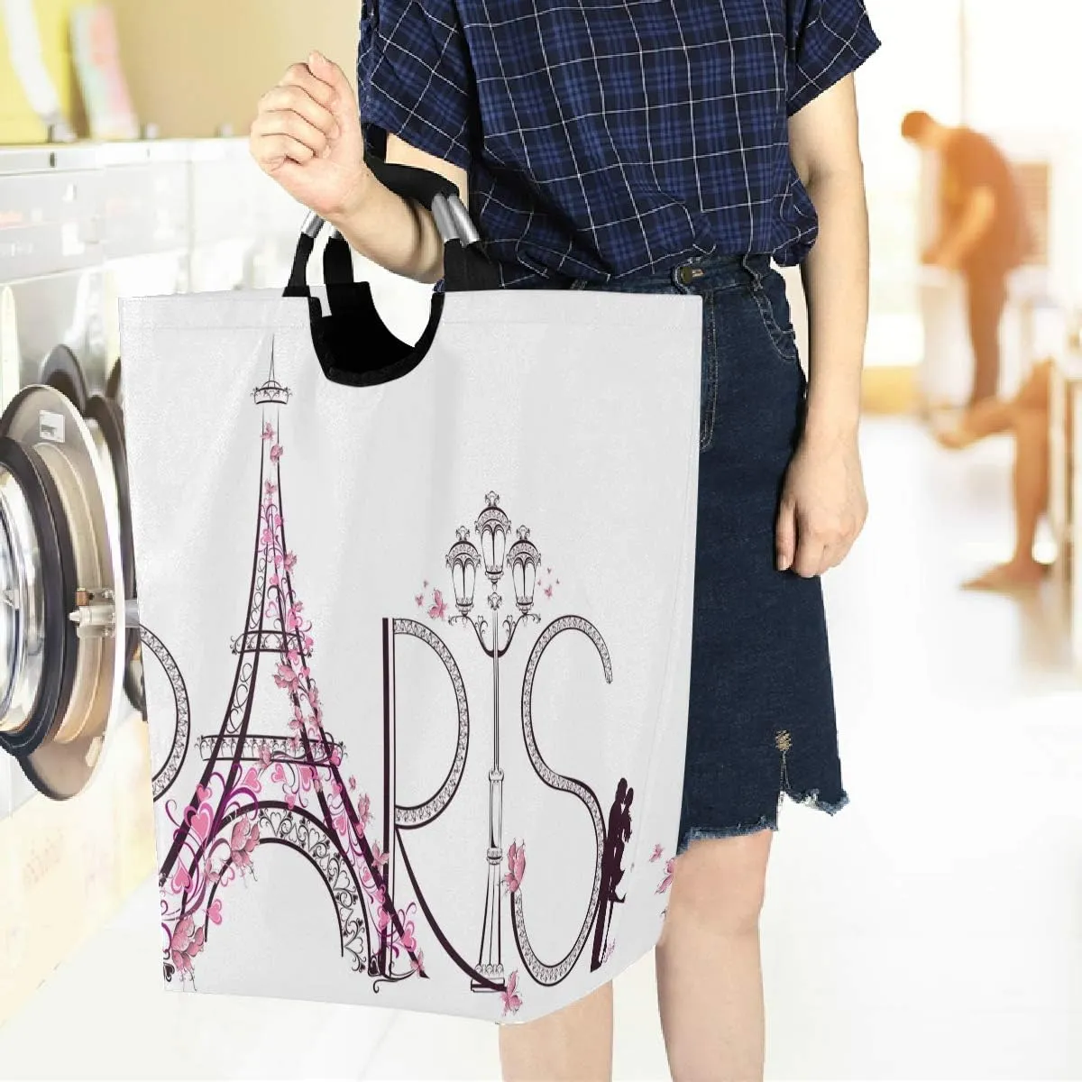 visesunny Tower Eiffel with Paris Lettering Large Laundry Hamper with Handle Foldable Durable Clothes Hamper Laundry Bag Toy Bin for Bathroom, Bedroom, Dorm, Travel