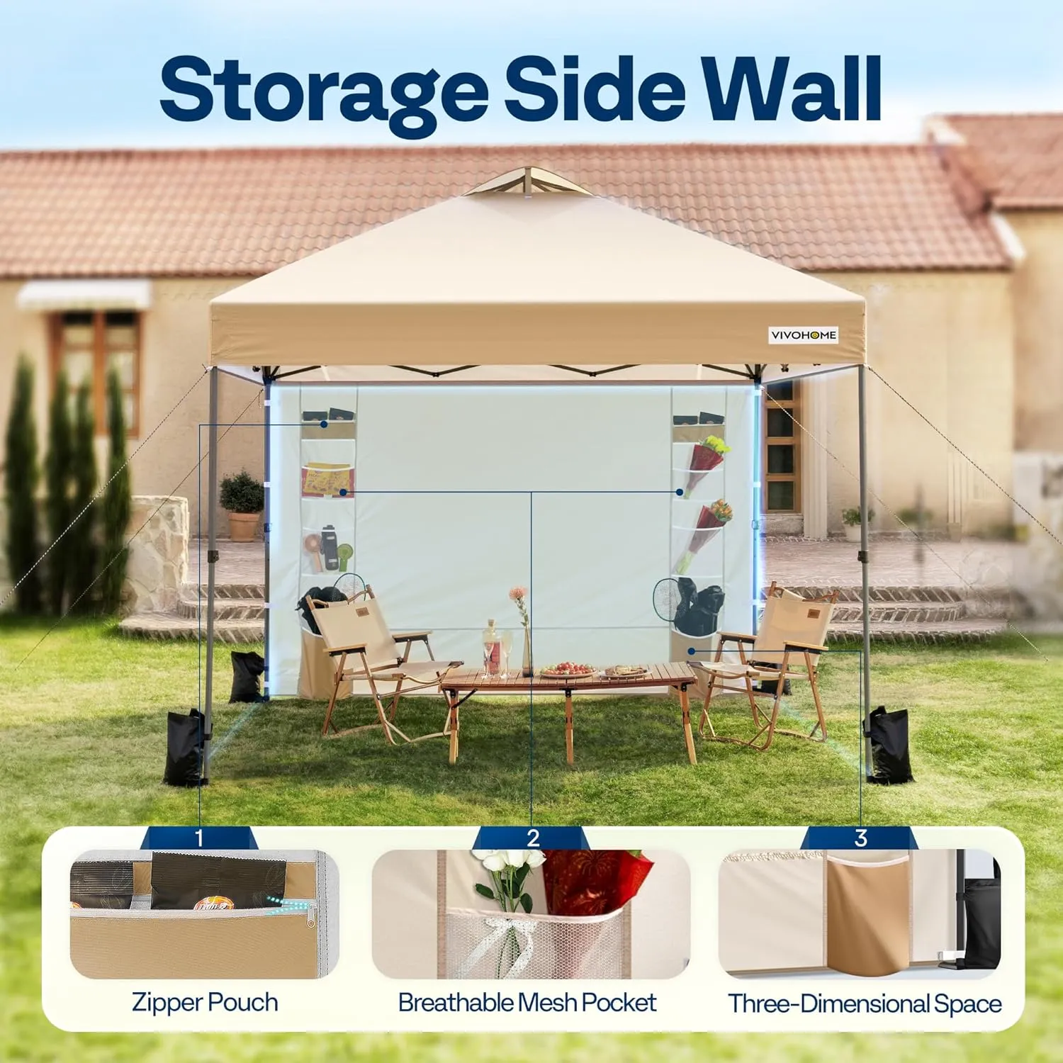 VIVOHOME 10x10ft Pop Up Canopy Tent with Sidewall and 6 Pockets, One Push Setup Outdoor Portable Shelter Tent Heavy Duty with Wheel Carry Bag and 4 Sandbags, Beige