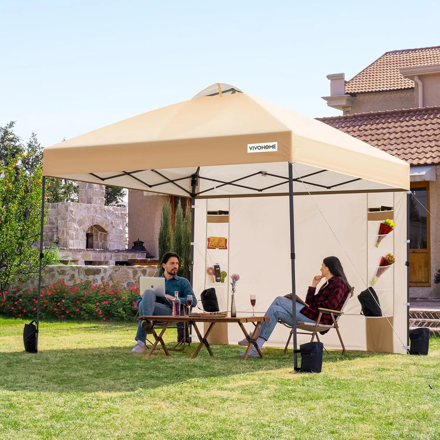 VIVOHOME 10x10ft Pop Up Canopy Tent with Sidewall and 6 Pockets, One Push Setup Outdoor Portable Shelter Tent Heavy Duty with Wheel Carry Bag and 4 Sandbags, Beige
