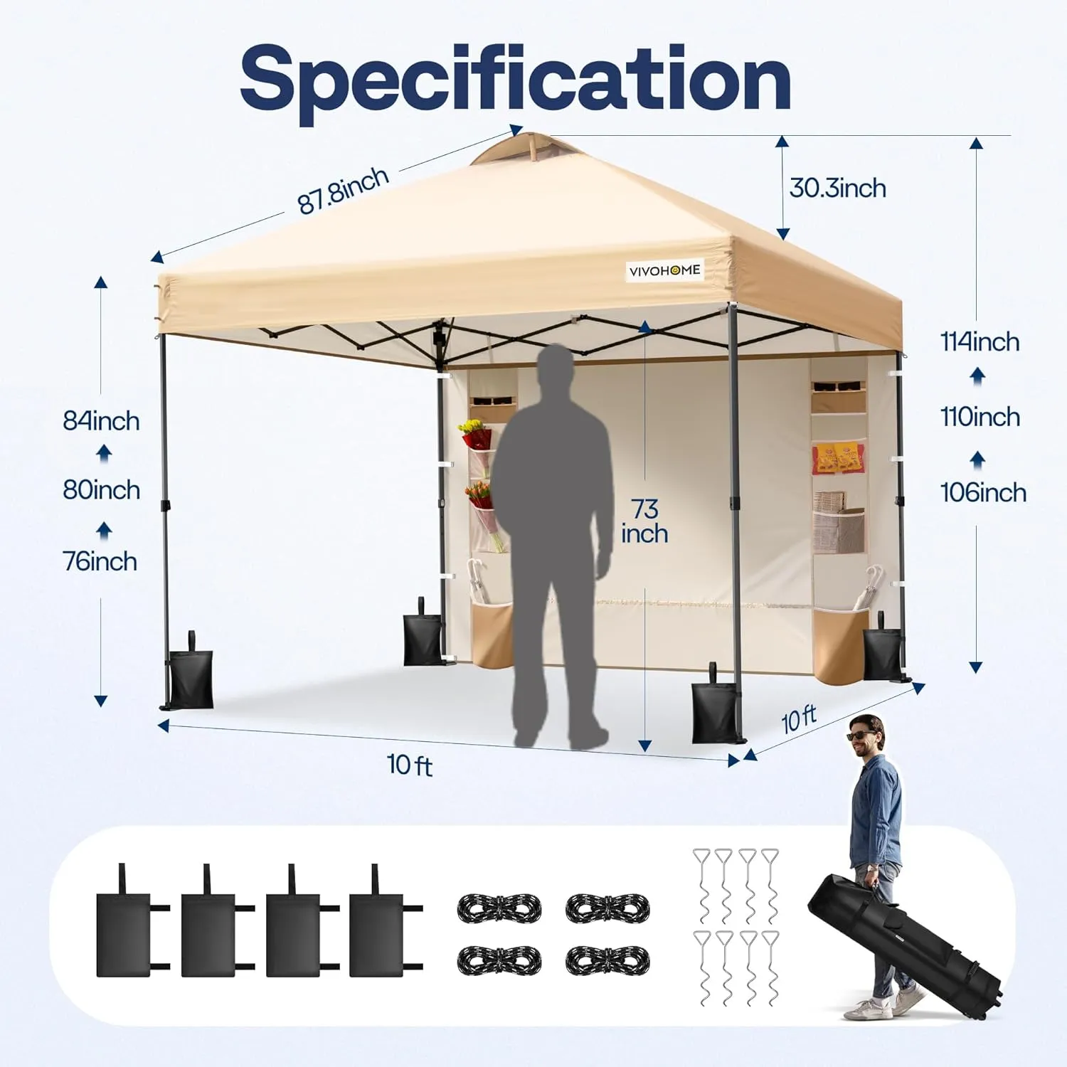 VIVOHOME 10x10ft Pop Up Canopy Tent with Sidewall and 6 Pockets, One Push Setup Outdoor Portable Shelter Tent Heavy Duty with Wheel Carry Bag and 4 Sandbags, Beige