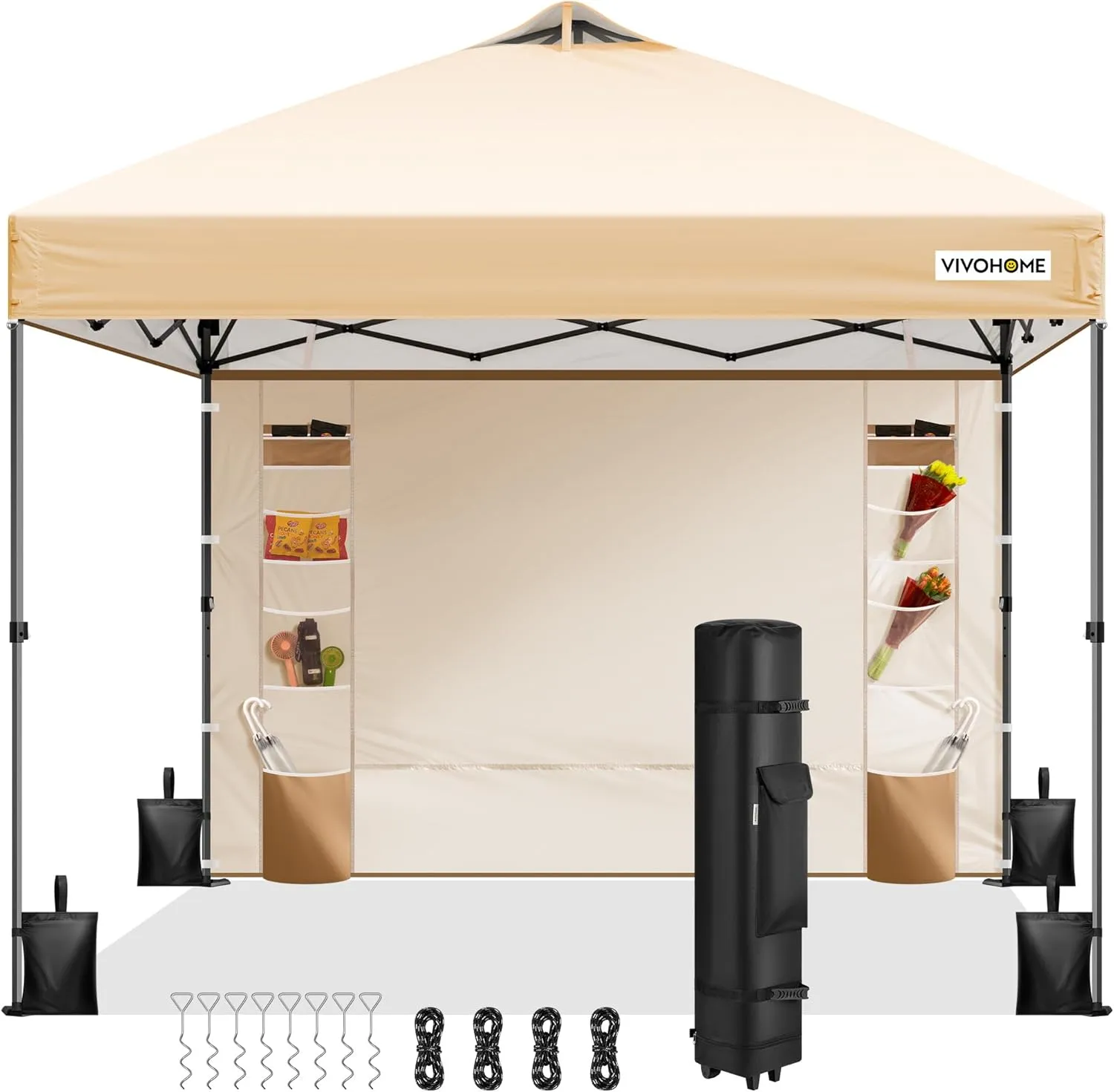 VIVOHOME 10x10ft Pop Up Canopy Tent with Sidewall and 6 Pockets, One Push Setup Outdoor Portable Shelter Tent Heavy Duty with Wheel Carry Bag and 4 Sandbags, Beige