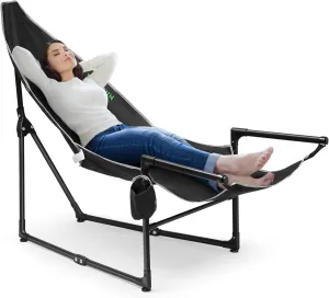 VIVOSUN Chaise Lounge, 2-in-1 Reclining Chair with Footrest/Armrests, Cup Holder, Storage Pocket, and Carry Bag, Support 300 lb, for Camping, Beach, Poolside, and Patio, Black