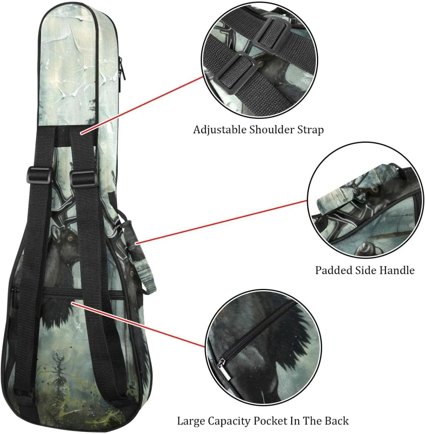 Waterproof Ukulele Case Bag, Durable 23" Ukulele Gig Bag with Storage and Handle - Caribou Forest Tree Pattern