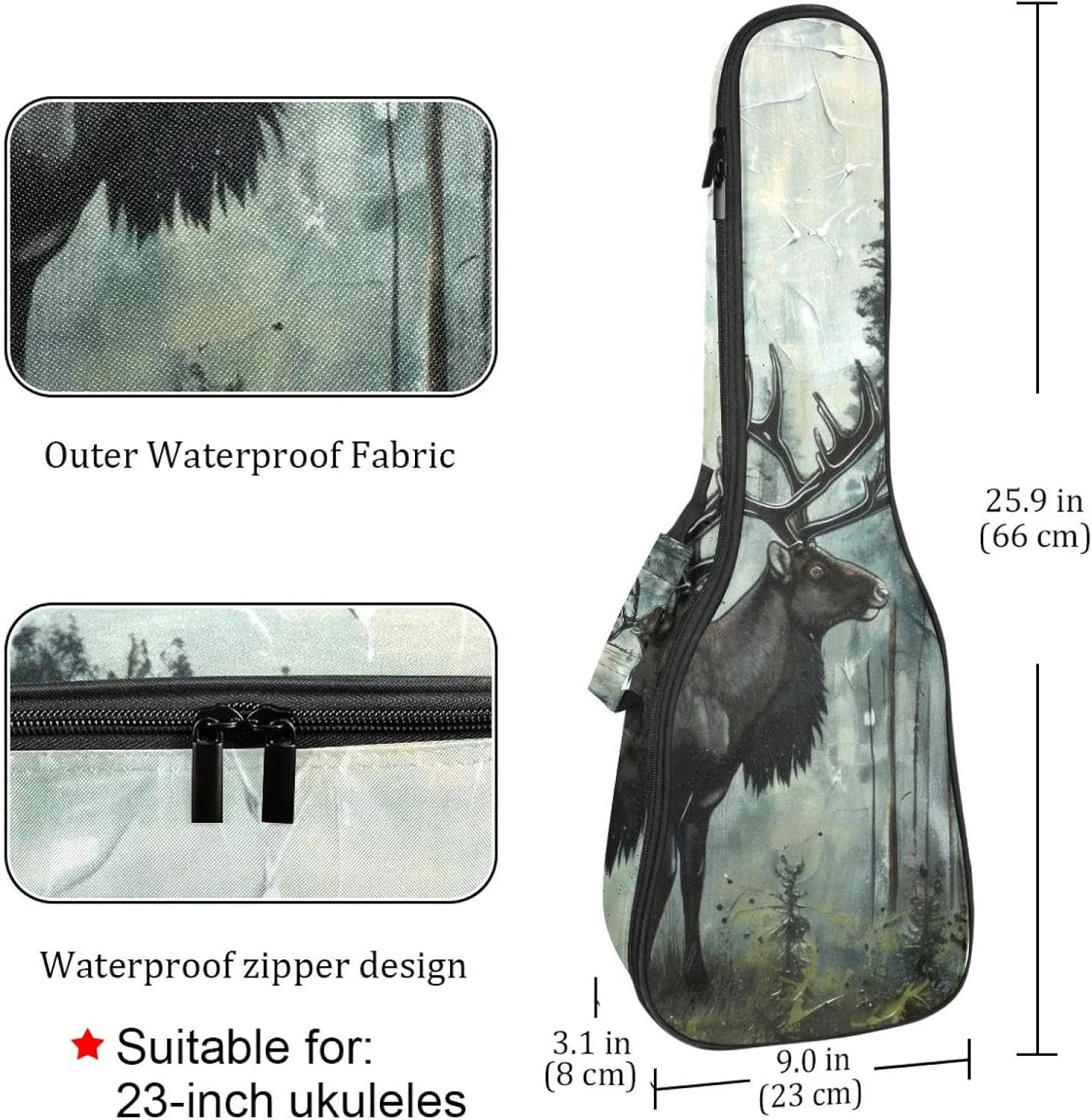 Waterproof Ukulele Case Bag, Durable 23" Ukulele Gig Bag with Storage and Handle - Caribou Forest Tree Pattern
