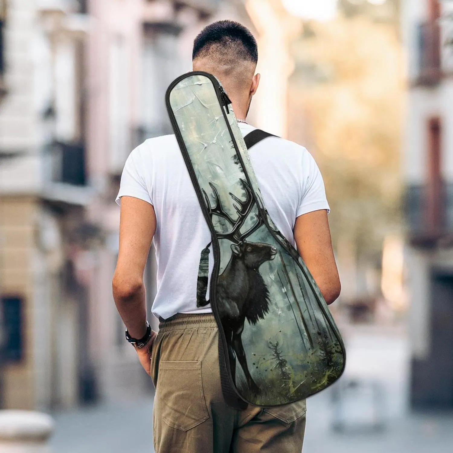 Waterproof Ukulele Case Bag, Durable 23" Ukulele Gig Bag with Storage and Handle - Caribou Forest Tree Pattern