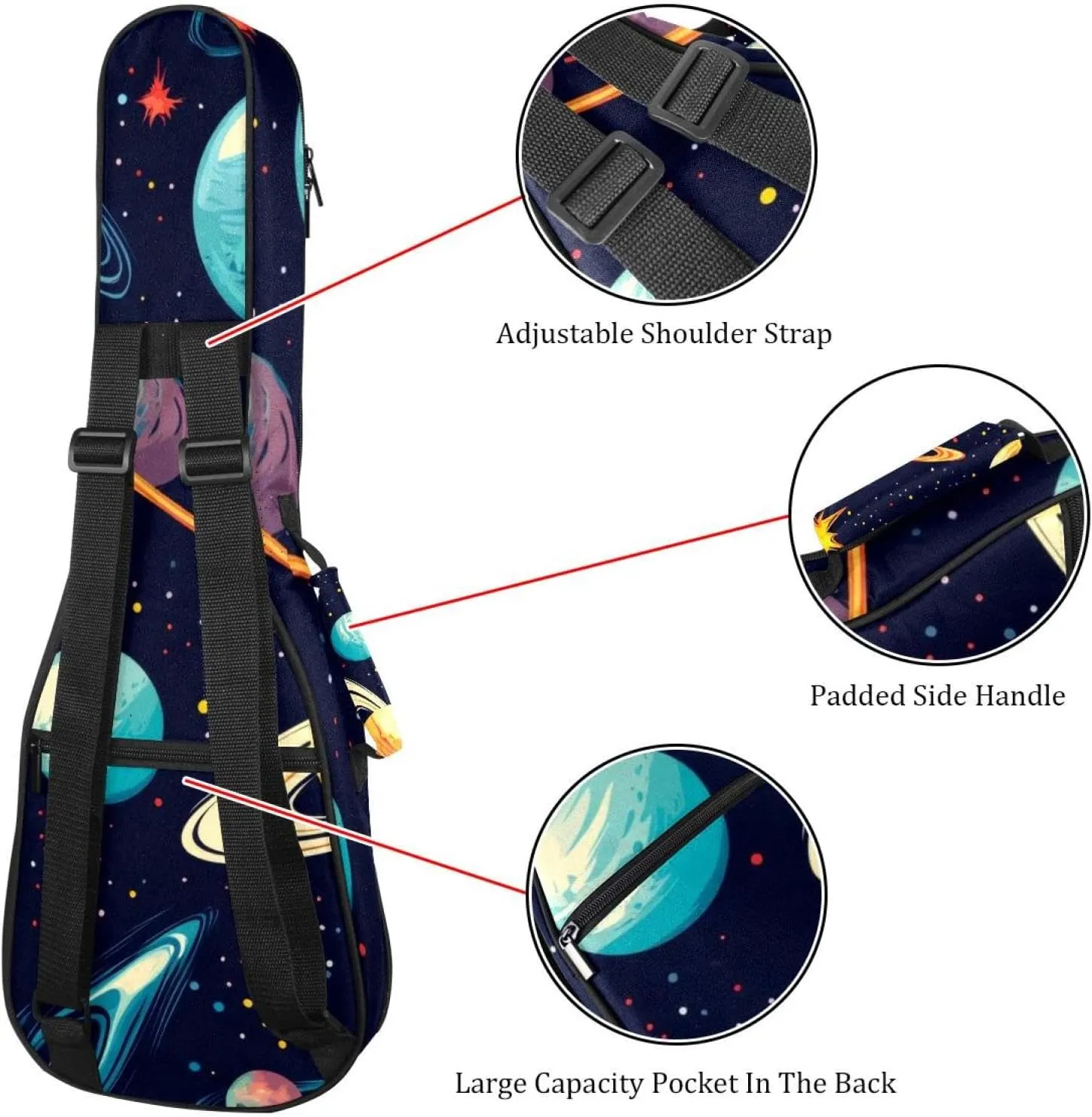 Waterproof Ukulele Case Bag, Durable 23" Ukulele Gig Bag with Storage and Handle - Cosmos Planets Comets Night Sky Galaxy Pattern
