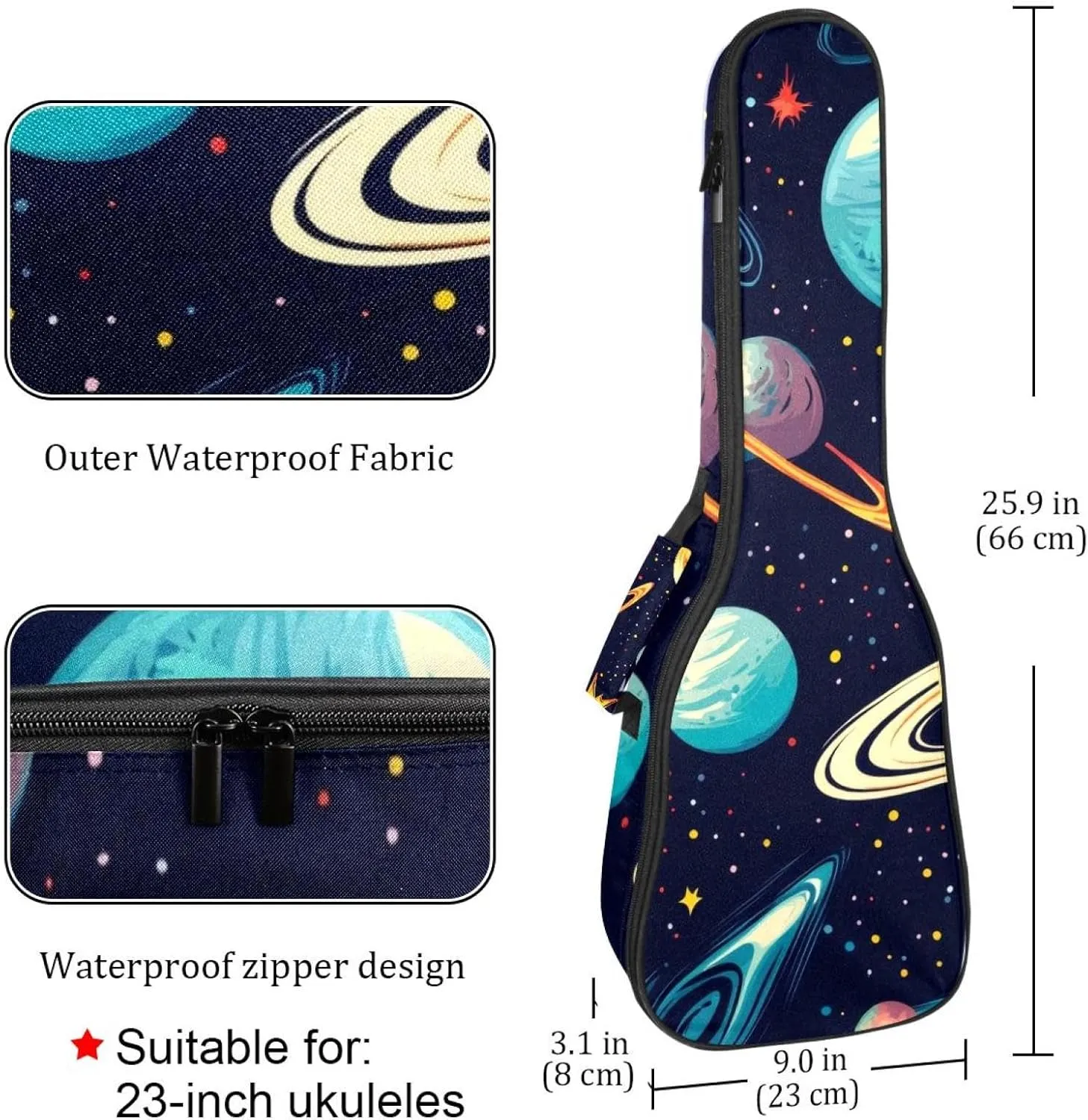 Waterproof Ukulele Case Bag, Durable 23" Ukulele Gig Bag with Storage and Handle - Cosmos Planets Comets Night Sky Galaxy Pattern