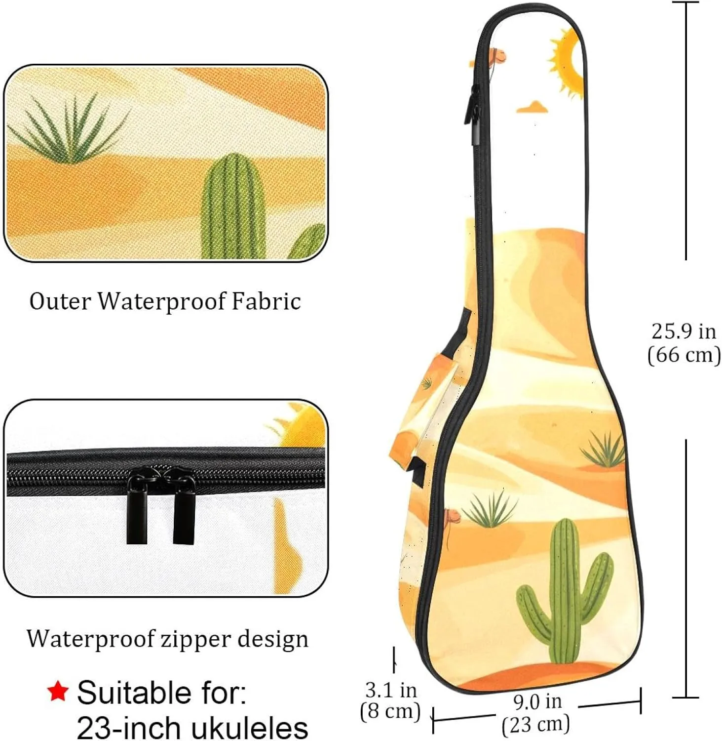 Waterproof Ukulele Case Bag, Durable 23" Ukulele Gig Bag with Storage and Handle - Desert Landscape with Camels Cactus and Sun Patterm