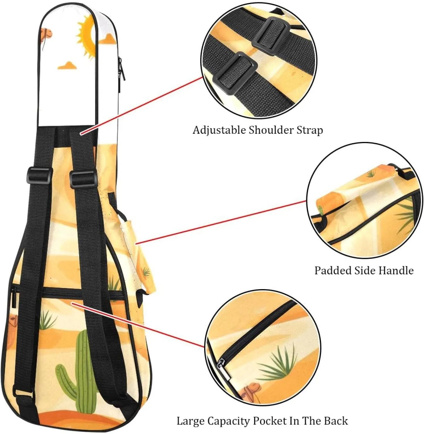 Waterproof Ukulele Case Bag, Durable 23" Ukulele Gig Bag with Storage and Handle - Desert Landscape with Camels Cactus and Sun Patterm