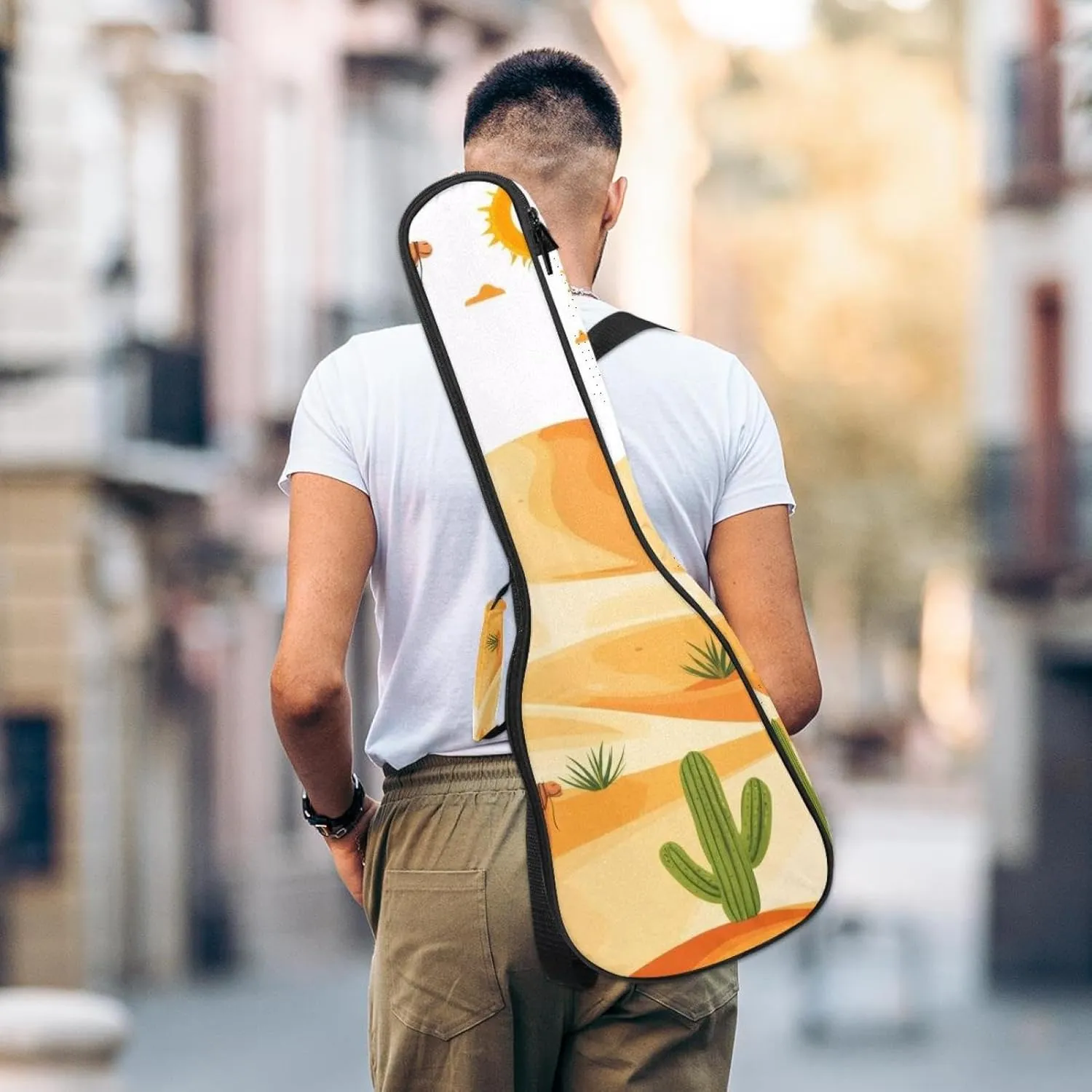 Waterproof Ukulele Case Bag, Durable 23" Ukulele Gig Bag with Storage and Handle - Desert Landscape with Camels Cactus and Sun Patterm