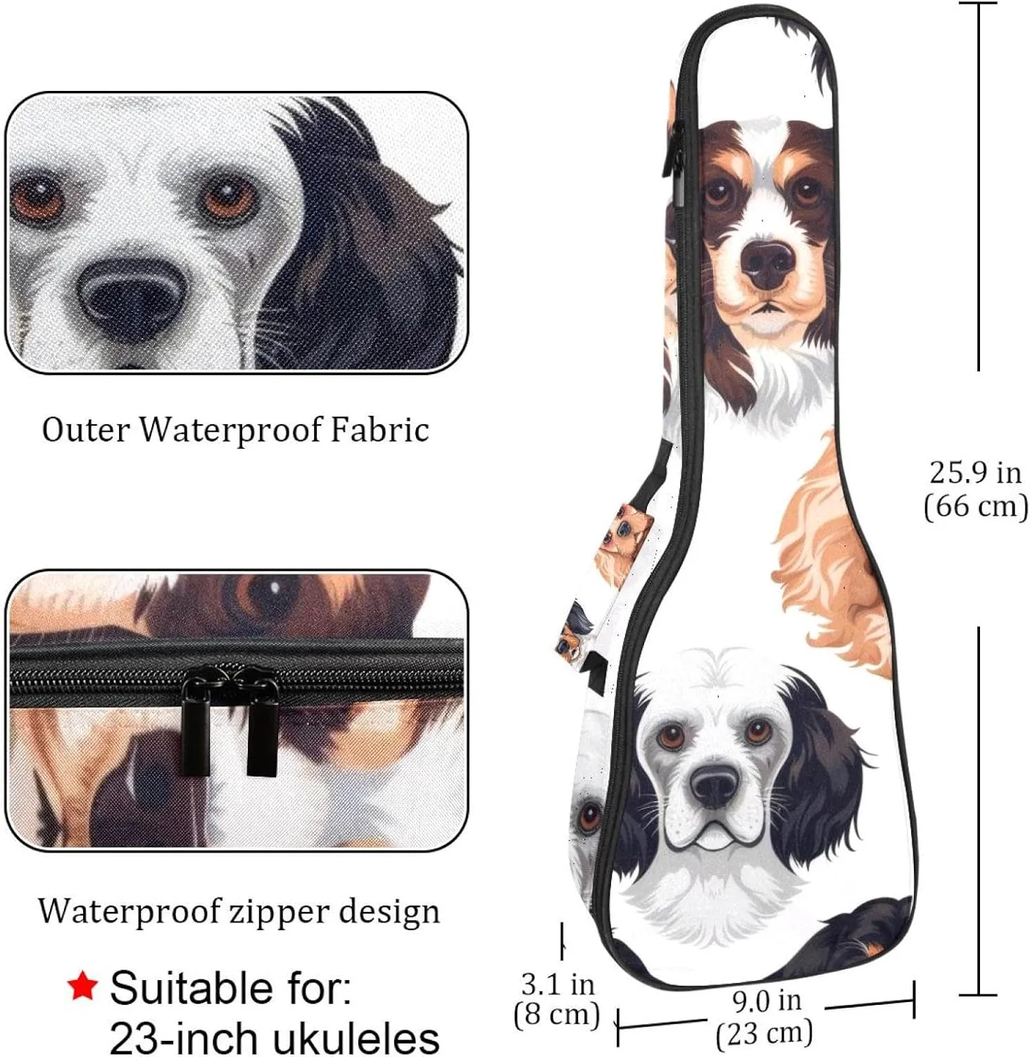 Waterproof Ukulele Case Bag, Durable 23" Ukulele Gig Bag with Storage and Handle - Small Puppy Dogs