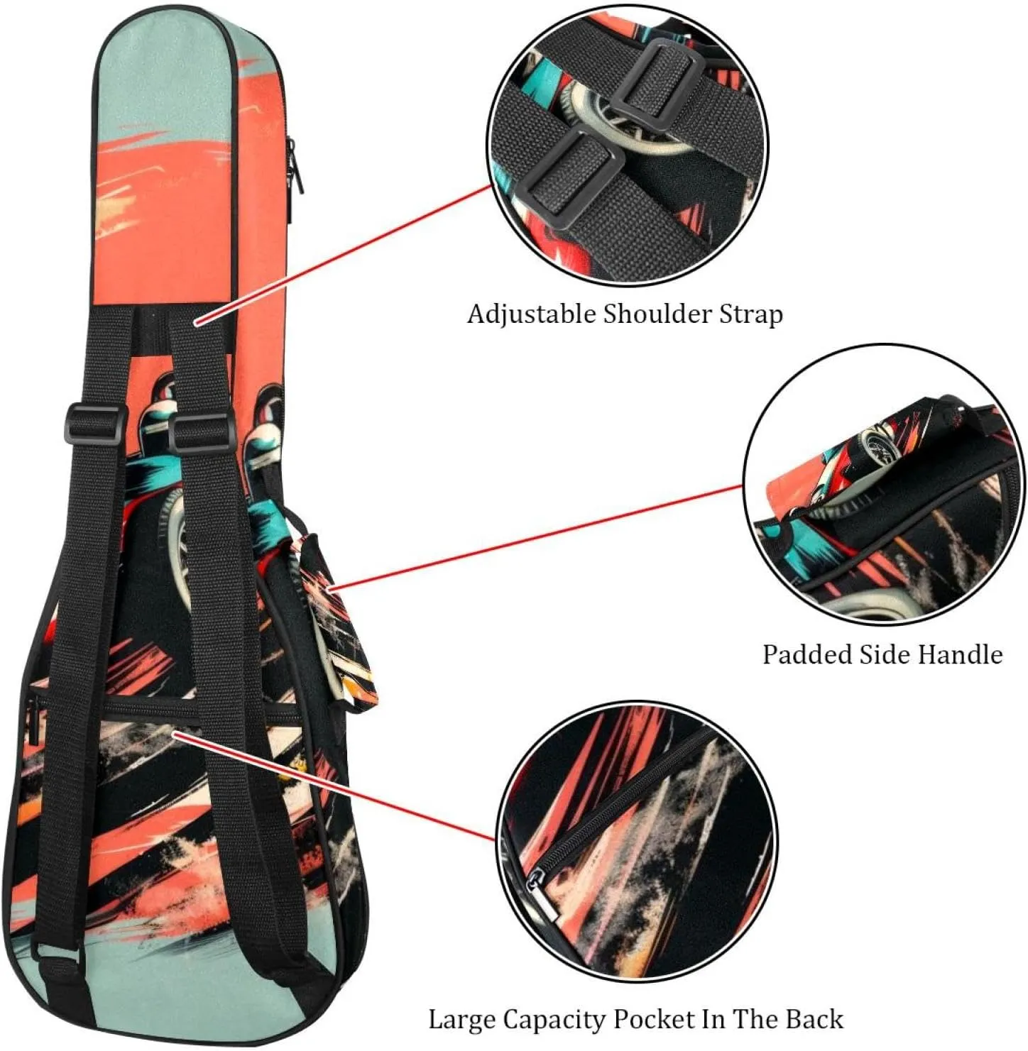 Waterproof Ukulele Case Bag, Durable 23" Ukulele Gig Bag with Storage and Handle - Speeding Racing Car with Checkered Flag and Racetrack