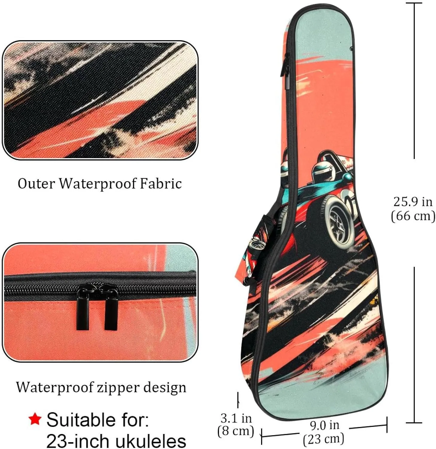 Waterproof Ukulele Case Bag, Durable 23" Ukulele Gig Bag with Storage and Handle - Speeding Racing Car with Checkered Flag and Racetrack