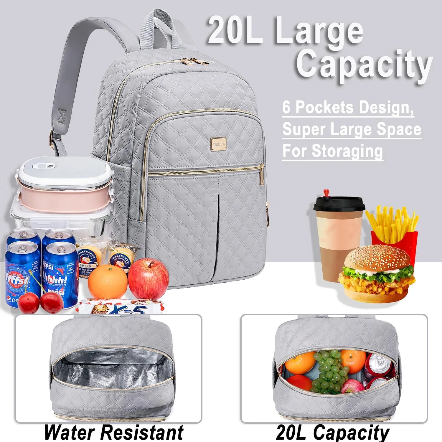 Weitars Lunch Backpack For Women Men,20L Cooler Backpack Insulated Lunch Bag For Women With Side Pockets Waterproof,Meal Prep Backpack,Adult Backpack Cooler For Lunch Picnic Hiking Camping Beach