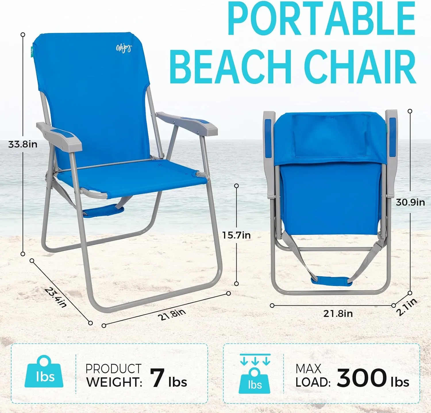 #WEJOY Folding Beach Chair for Adults, Lightweight Beach Chair with Shoulder Straps, High Back Beach Chairs with Hard Armrest, Supports 300lbs for Beach Lawn Concert