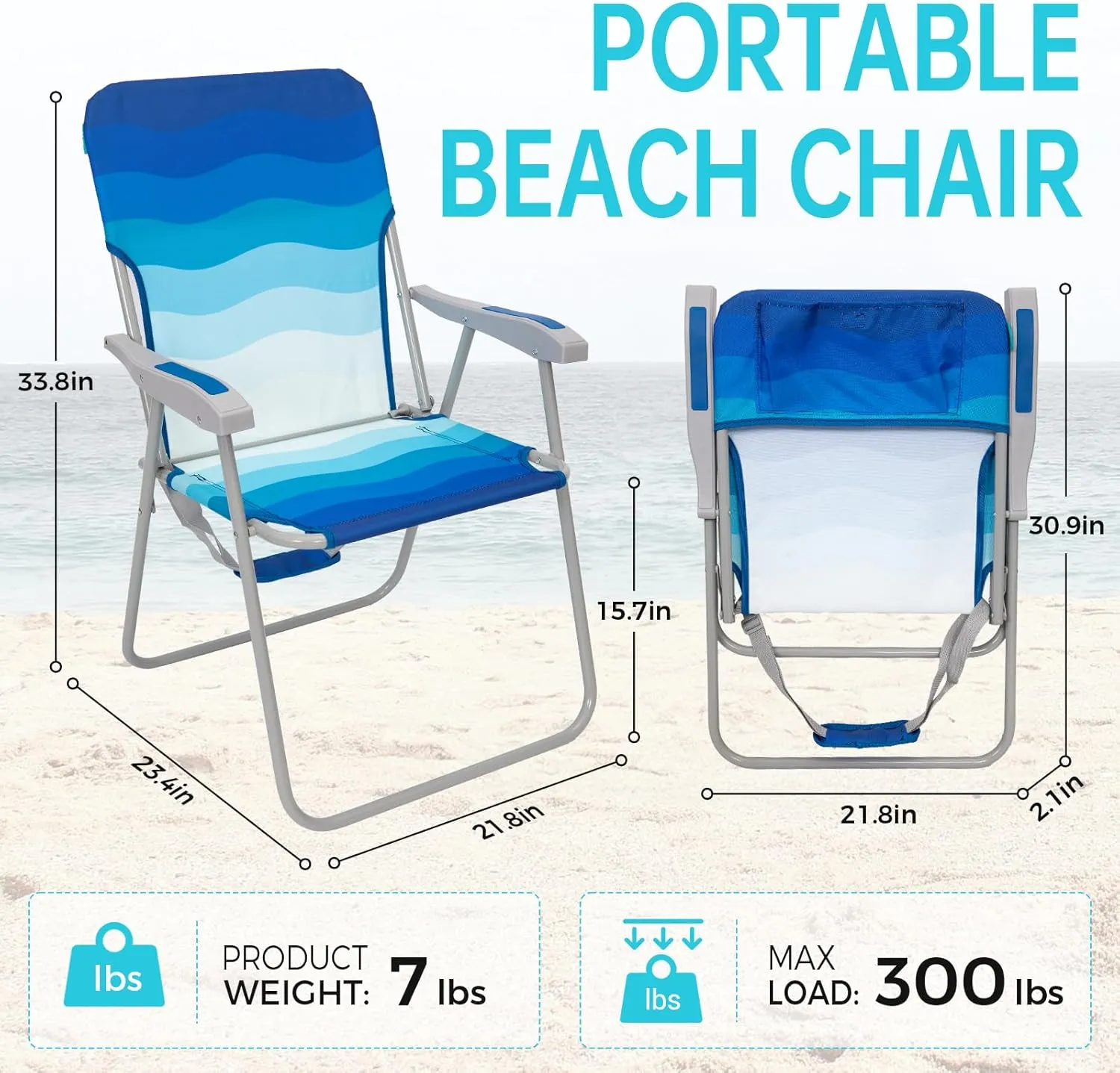 #WEJOY Folding Beach Chair for Adults, Lightweight Beach Chair with Shoulder Straps, High Back Beach Chairs with Hard Armrest, Supports 300lbs for Beach Lawn Concert