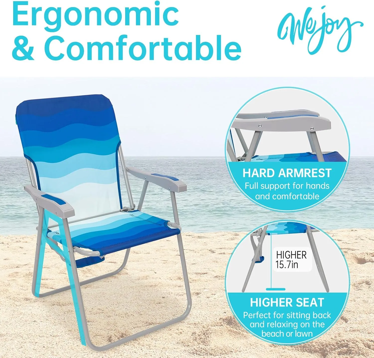 #WEJOY Folding Beach Chair for Adults, Lightweight Beach Chair with Shoulder Straps, High Back Beach Chairs with Hard Armrest, Supports 300lbs for Beach Lawn Concert
